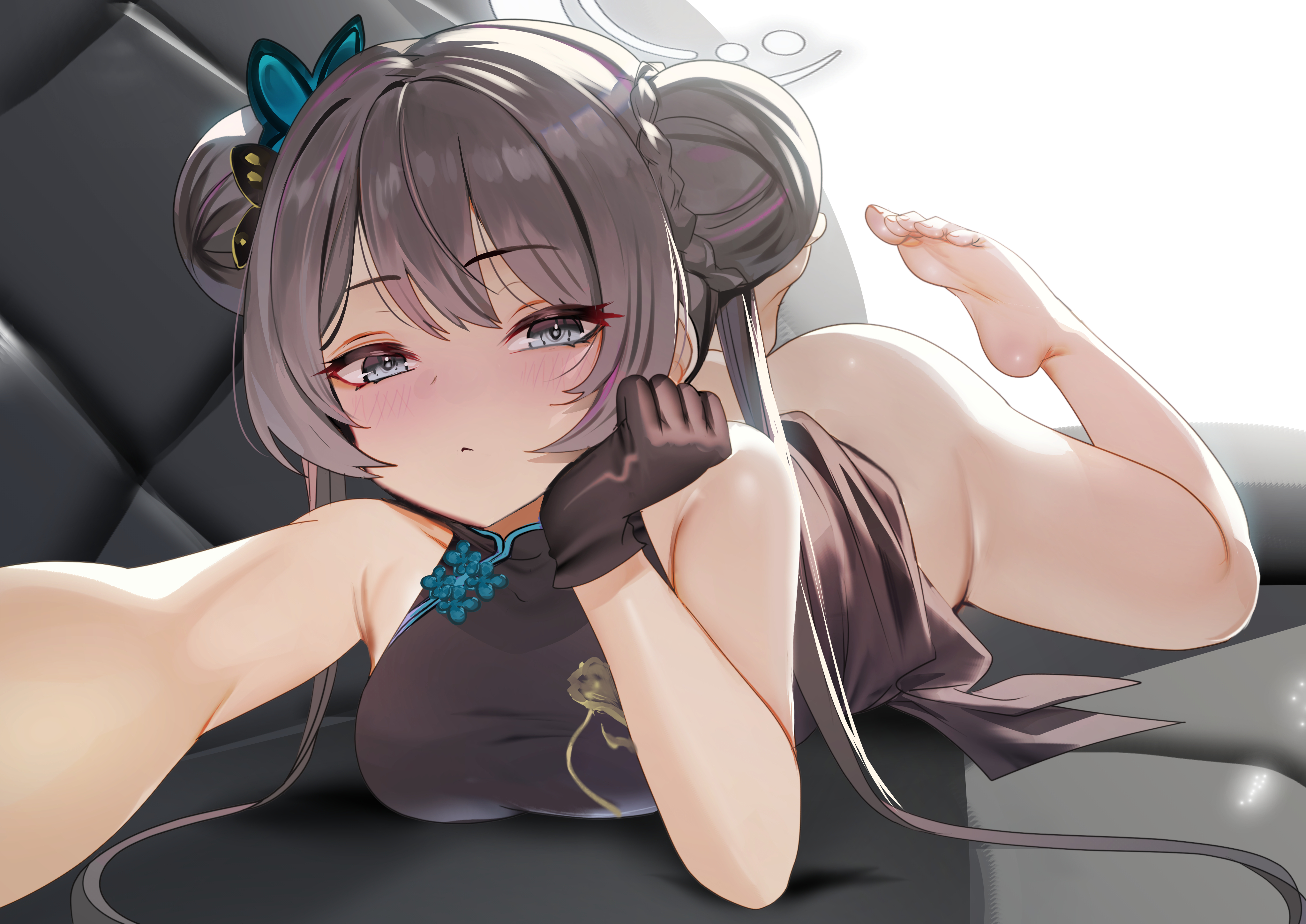 :<, absurdres, alternate breast size, ass, barefoot, black dress, black gloves, black hair, blue archive, blush, braid, braided bun, breasts, butterfly hair ornament, china dress, chinese clothes, closed mouth, commentary, couch, double bun, dragon print, dress, elbow rest, feet, feet up, female, gloves, grey eyes, grey halo, hair bun, hair ornament, halo, hand on own cheek, hand on own face, head rest, highres, kisaki (blue archive), long hair, looking at viewer, lying, medium breasts, no panties, on couch, on stomach, outstretched arm, print dress, sleeveless, sleeveless dress, soles, solo, teddypocky, the pose, toes, twintails, very long hair
