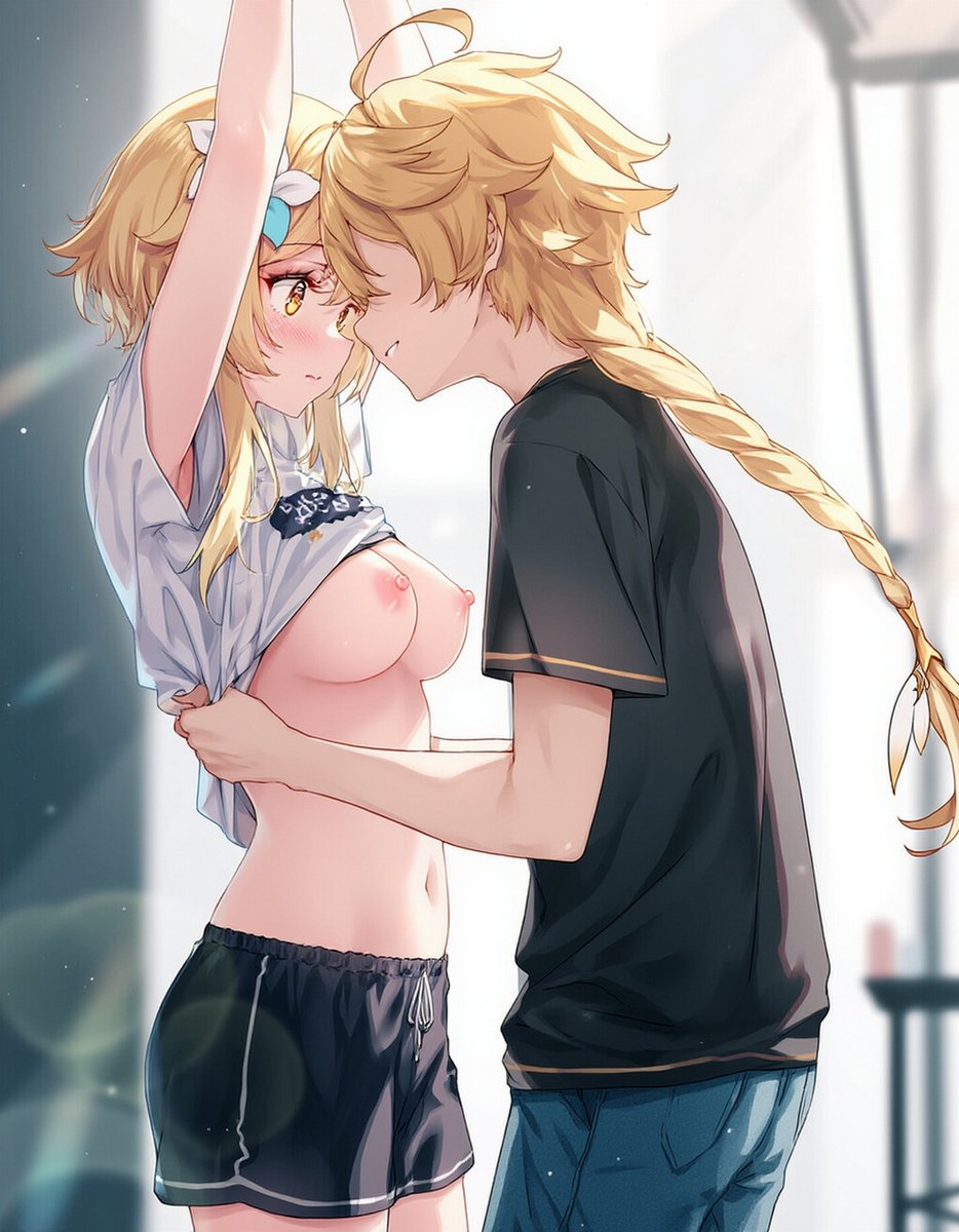 1boy, 1girls, aether (genshin impact), ai generated, alternate costume, blonde hair, blush, breasts, breasts out, brother and sister, close-up, daytime, female, flower, flower in hair, genshin impact, imminent kiss, incest, lifting shirt, looking at partner, lumine (genshin impact), male, medium breasts, raaicave, shirt lift, shorts, twins, undressing