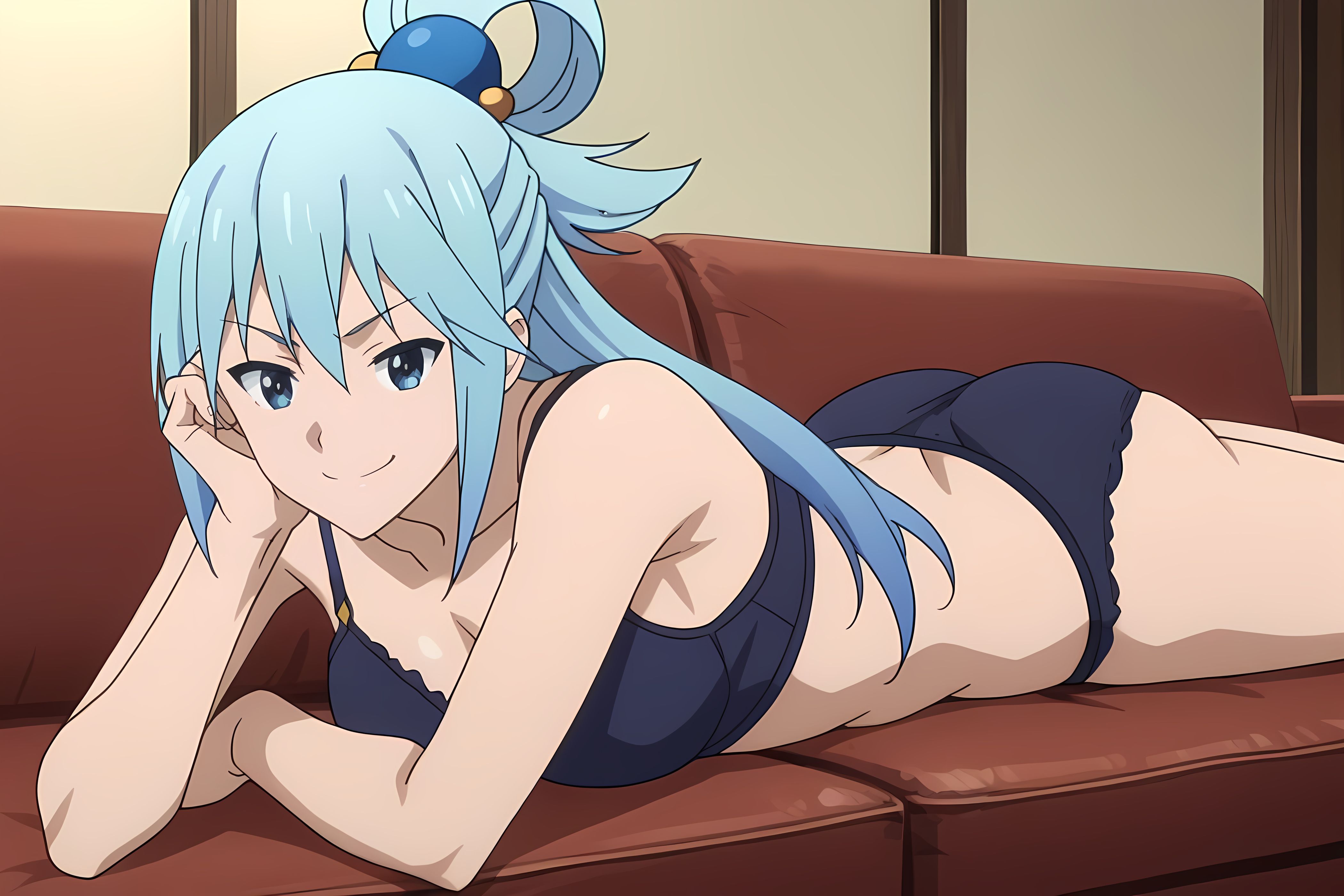 ai generated, aqua (konosuba), blue hair, bra, female, female focus, female only, goddess, hand on cheek, kono subarashii sekai ni shukufuku wo!, laying down, laying on stomach, panties, pinku, pinku.ai, ponytail, smirk, solo, solo female, underwear, underwear only
