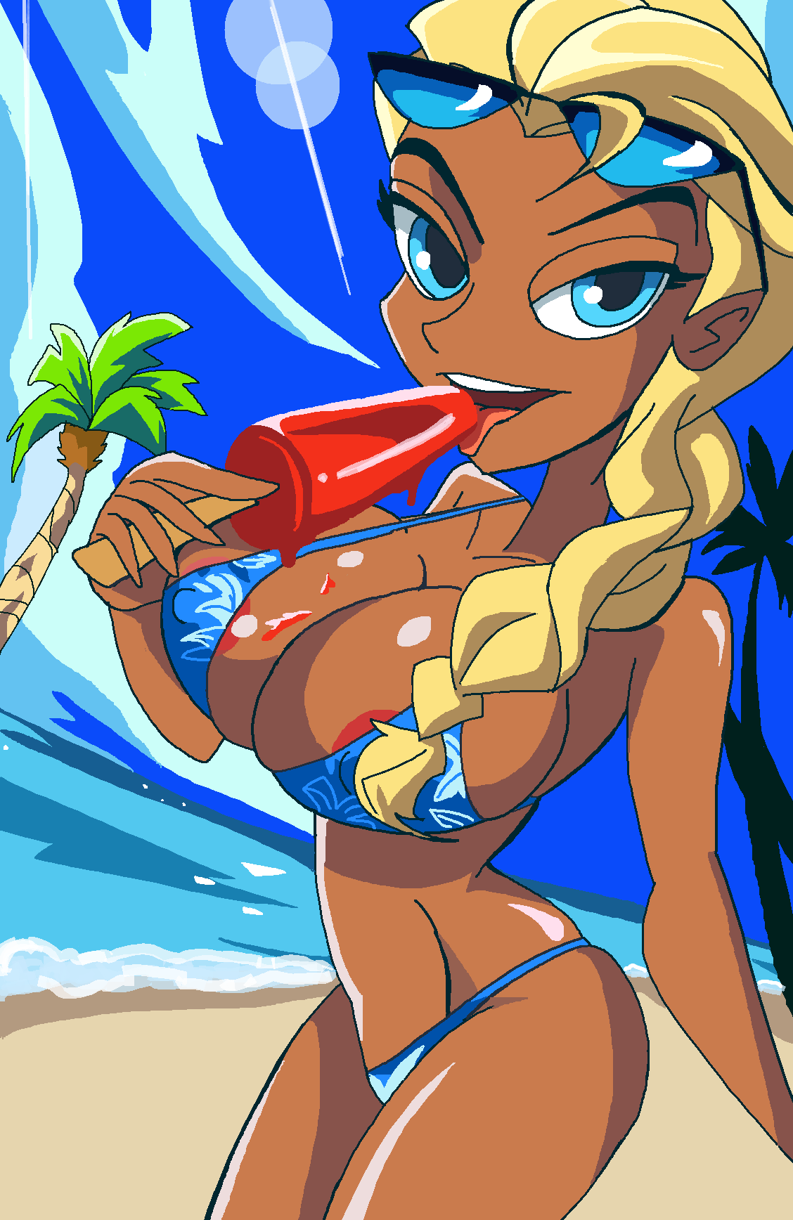 1girls areola_slip bare_shoulders beach big_breasts bikini bikini_bottom bikini_top bimbo blonde_hair blue_eyes braid brown_skin busty cleavage curvy dark-skinned_female dark_skin day detailed_background disney elsa_(frozen) erect_nipple erect_nipples eyelashes eyeliner female female_only front_view frozen_(film) glasses holding_object hourglass_figure huge_breasts human ice_cream ice_cream_on_breasts long_hair looking_at_viewer manic47 midriff nipple_bulge open_mouth outdoor outdoors pokies ponytail popsicle pose posing princess rough_sketch royalty shiny shiny_skin solo standing sunglasses sunglasses_on_head swimsuit tan tanned_skin tied_hair tongue_out tree voluptuous water wide_hips yellow_hair