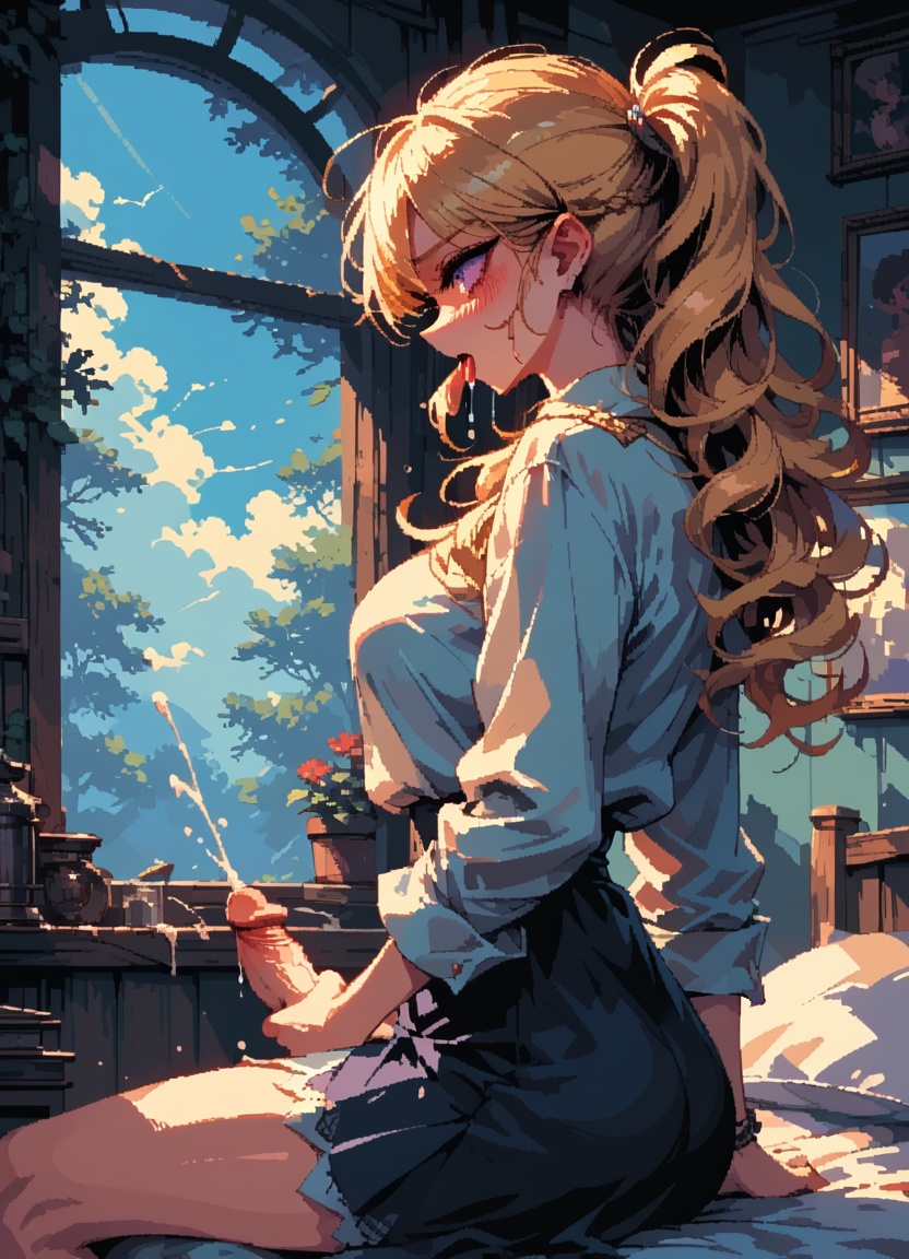 1futa ai_generated bed blonde_hair blouse blush blushing bracelet breasts cum drooling erect_penis erection futanari hair_tie hand_on_penis intersex masturbation miniskirt nythy21 open_mouth penis pillow plant purple_eyes sitting_on_bed tongue_out tree window wood