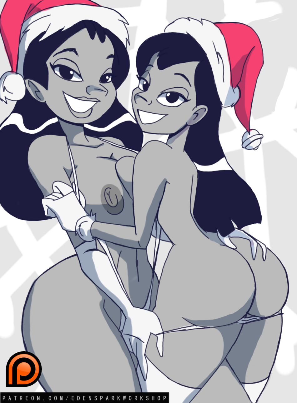 2girls aged_up areola back_view bare_shoulders bell belt big_ass big_breasts big_butt bikini bikini_bottom bimbo black_and_white black_hair breast_press breasts brown_nipples brown_skin busty butt_crack christmas cleavage curvy dark-skinned_female dark_nipples dark_skin detailed_background disney elbow_gloves english_text erect_nipple erect_nipples eyelashes eyeliner female female_only footwear front_view gloves half-dressed half_dressed hourglass_figure human incest legwear lilo_and_stitch lilo_pelekai long_hair looking_at_viewer looking_back manic47 multiple_females multiple_girls nani_pelekai nipples no_bra older pants_pulled_down patreon santa_claus_(cosplay) santa_hat siblings sister sisters skimpy sling_bikini sling_bikini_aside smiling standing stockings swimsuit teenage text topless voluptuous white_footwear white_gloves white_legwear white_stockings wide_hips yuri