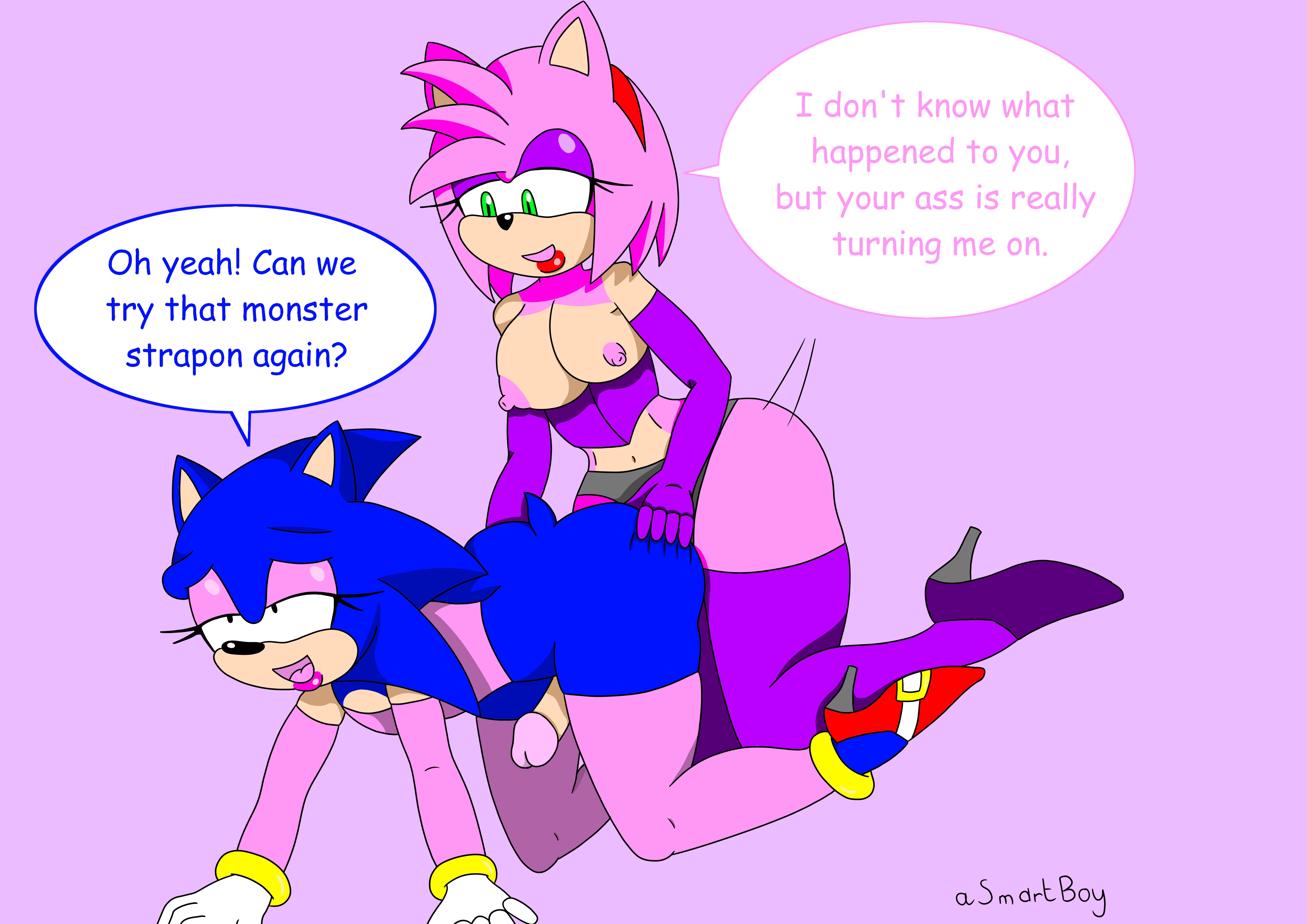 1boy, 1girls, all fours, amy rose, anal, anal sex, asmartboy, ass, balls, big ass, big butt, blue fur, breasts, crossdressing, doggy style, elbow gloves, english text, female, femboy, furry, girly, gloves, hedgehog, high heels, leggings, male, mammal, nipples, pegging, penis, sega, sonic (series), sonic the hedgehog, sonic the hedgehog (series), sonique the hedgehog, stockings, strap-on, strapon, text