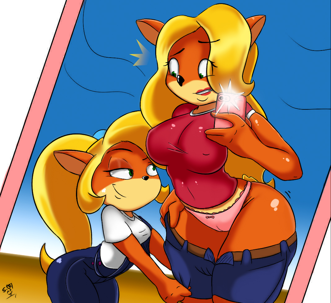 2girls, anthro, ass, bandicoot, breasts, cameltoe, camera flash, cellphone, clothing, coco bandicoot, crash (series), curvy, duo, electronics, erect nipples, female, female only, female penetrated, female penetrating, female penetrating female, female/female, homosexual, homosexual female, homosexual sex, hourglass figure, large ass, large breasts, lesbian, lesbian female, lesbian sex, lipstick, mammal, marsupial, multiple females, nipples, oddrich, panties, pantsing, pink panties, pussy, scrabble007, selfie, shocked, shorts pull, tawna bandicoot, thick thighs, wide hips