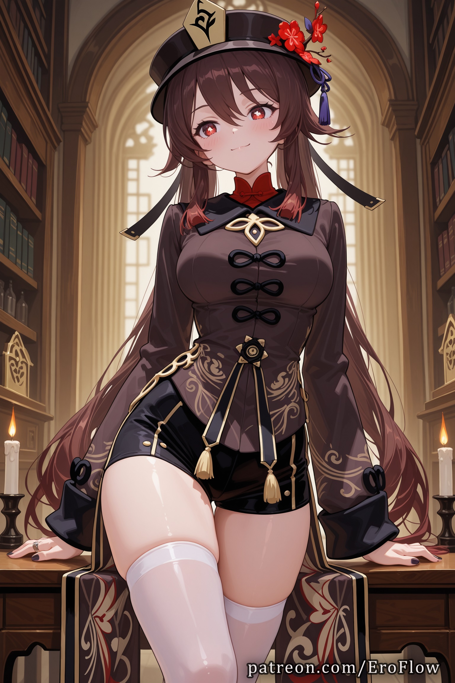 1girls, 2025, ai generated, black headwear, black nails, black shorts, blush, boo tao (genshin impact), breasts, brown hair, candle, closed mouth, eroflow, female, female only, flower, flower-shaped pupils, flowers, genshin impact, hat, hat flower, hat tassel, hi res, highres, hoyoverse, hu tao (genshin impact), indoors, jewelry, large breasts, legwear, long hair, long sleeves, looking at viewer, medium breasts, mihoyo, mihoyo technology (shanghai) co. ltd., nail polish, patreon, plum blossoms, porkpie hat, red eyes, ring, short shorts, shorts, skindentation, smile, solo, thighhighs, thighs, twintails, very long hair, voluptuous, voluptuous female, white thighhighs