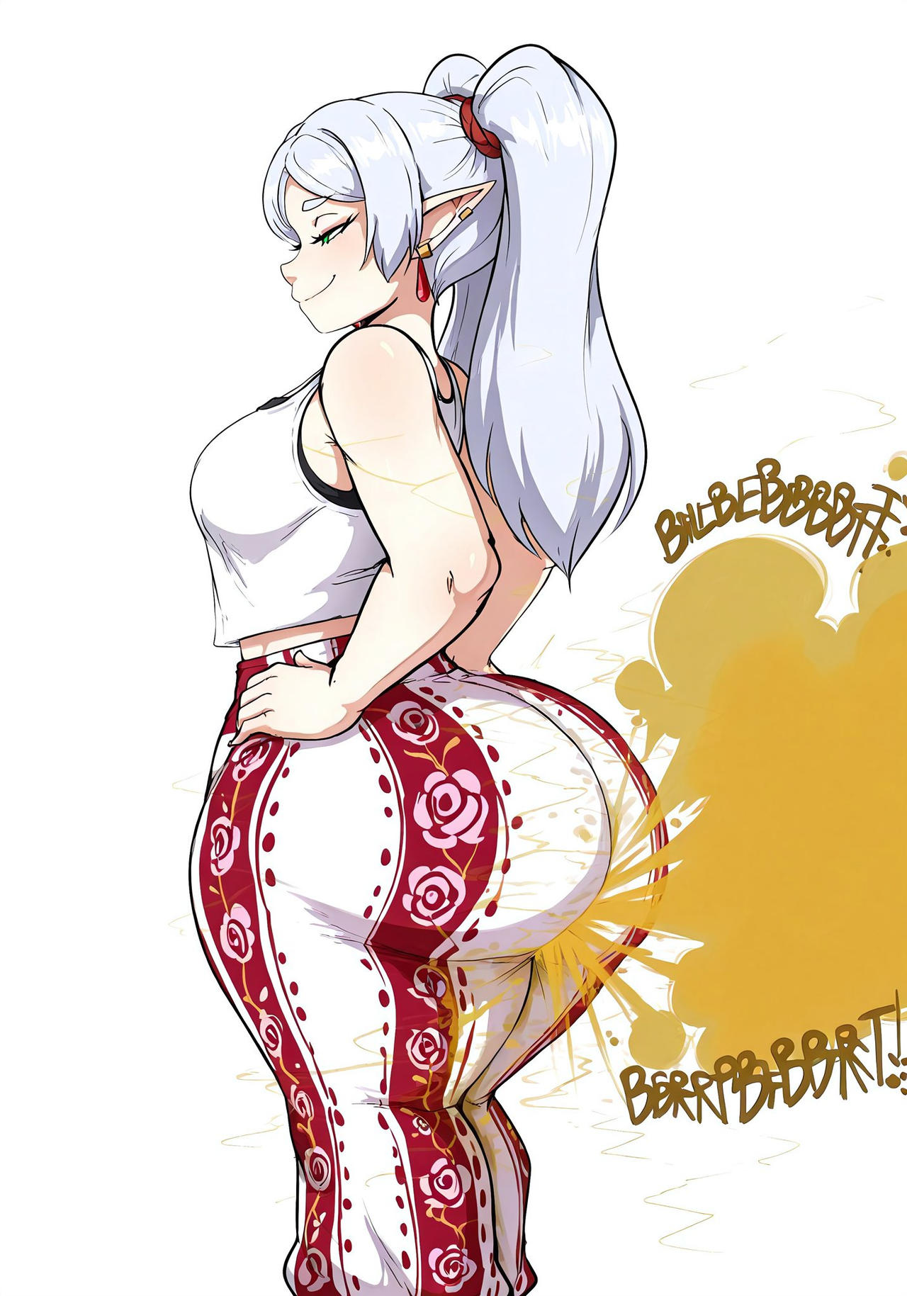 ai_generated fart fart_cloud fart_fetish farting fat_ass flat_chested forbidden_pants frieren hands_on_hips huge_ass nightmaresfd smug_face sousou_no_frieren tank_top thick_thighs