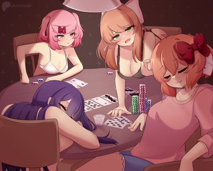 4girls ass bangs bikini bikini_bottom bikini_top black_bikini blue_shorts blush breasts_against_table brown_hair cards cheating cheating_(competitive) cleavage closed_eyes comedic comedy coral_pink_hair crossed_hair-clip doki_doki_literature_club drunk female funny green_eyes hair hairclip large_breasts light-skinned_female long monika_(doki_doki_literature_club) multiple_girls naked_female natsuki_(doki_doki_literature_club) pink_eyes pink_hair pink_shirt poker poker_chip ponytail pout pouting purple_hair raionart red_bow sayori_(doki_doki_literature_club) shot_glass sideboob sleeping smirk smug smug_face smug_grin white_bikini white_bow yuri_(doki_doki_literature_club)