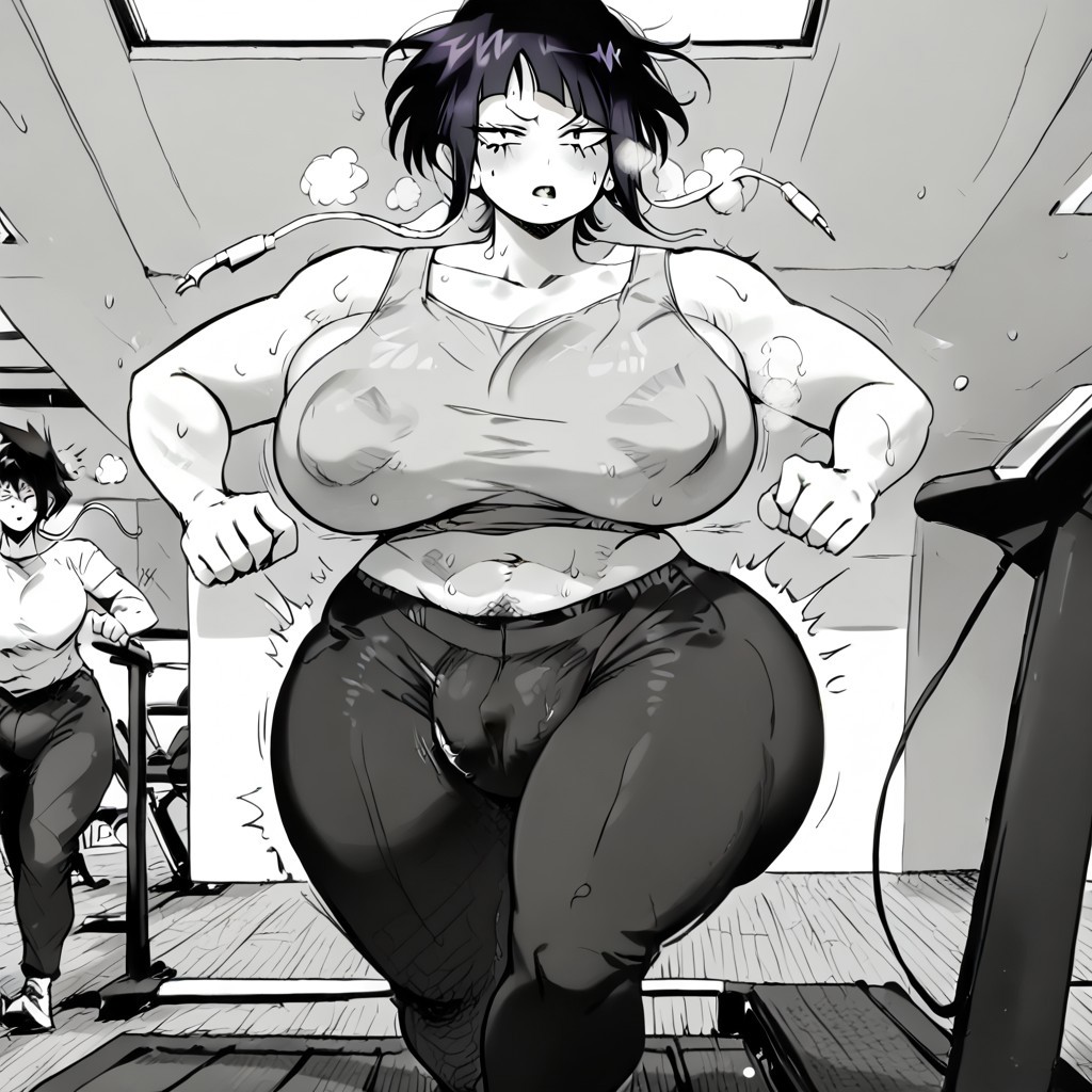 2d, 2girls, ai assisted, ai generated, artist request, blush, breasts, cameltoe, crop top, curvy, female, gym clothes, hips, huge breasts, huge pussy, kyoka jiro, leggings, monochrome, my hero academia, nipples visible through clothing, pants, puffy pussy, pussy, running, short hair, steam, sweat, tagme, tank top, thick thighs, thighs, thighs bigger than head, treadmill, wide hips