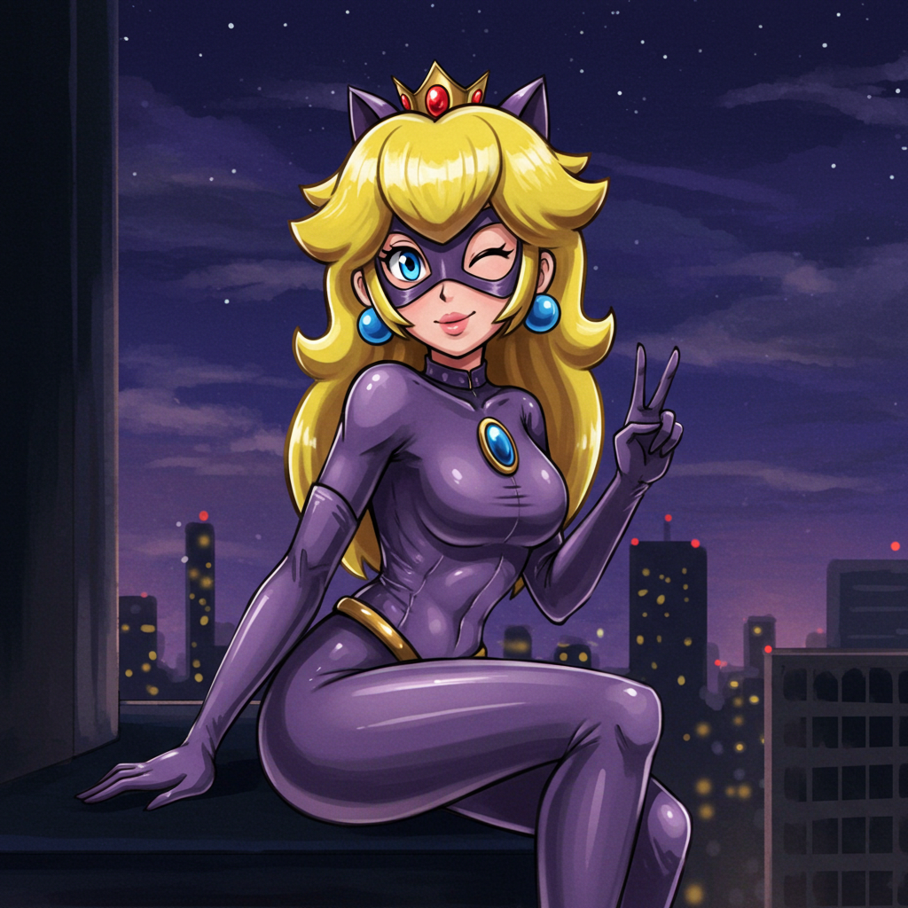 2025 5_fingers ai_generated batman_(series) blonde_female blonde_girl blonde_hair_female blue_earrings blue_eyes bodysuit cat_ears catwoman_(cosplay) city_background clouds dc dc_comics dcau deviantart drawing human looking_at_viewer meta night night_sky nintendo not_porn orange_lipstick png princess_peach purple_bodysuit purple_catsuit purple_mask purple_rubber rubber rubber_clothing rubber_suit shiny_clothes sitting_on_building smile_at_viewer smiling_at_viewer stark-astrea stars super_mario_bros. v_pose v_sign winking_at_viewer