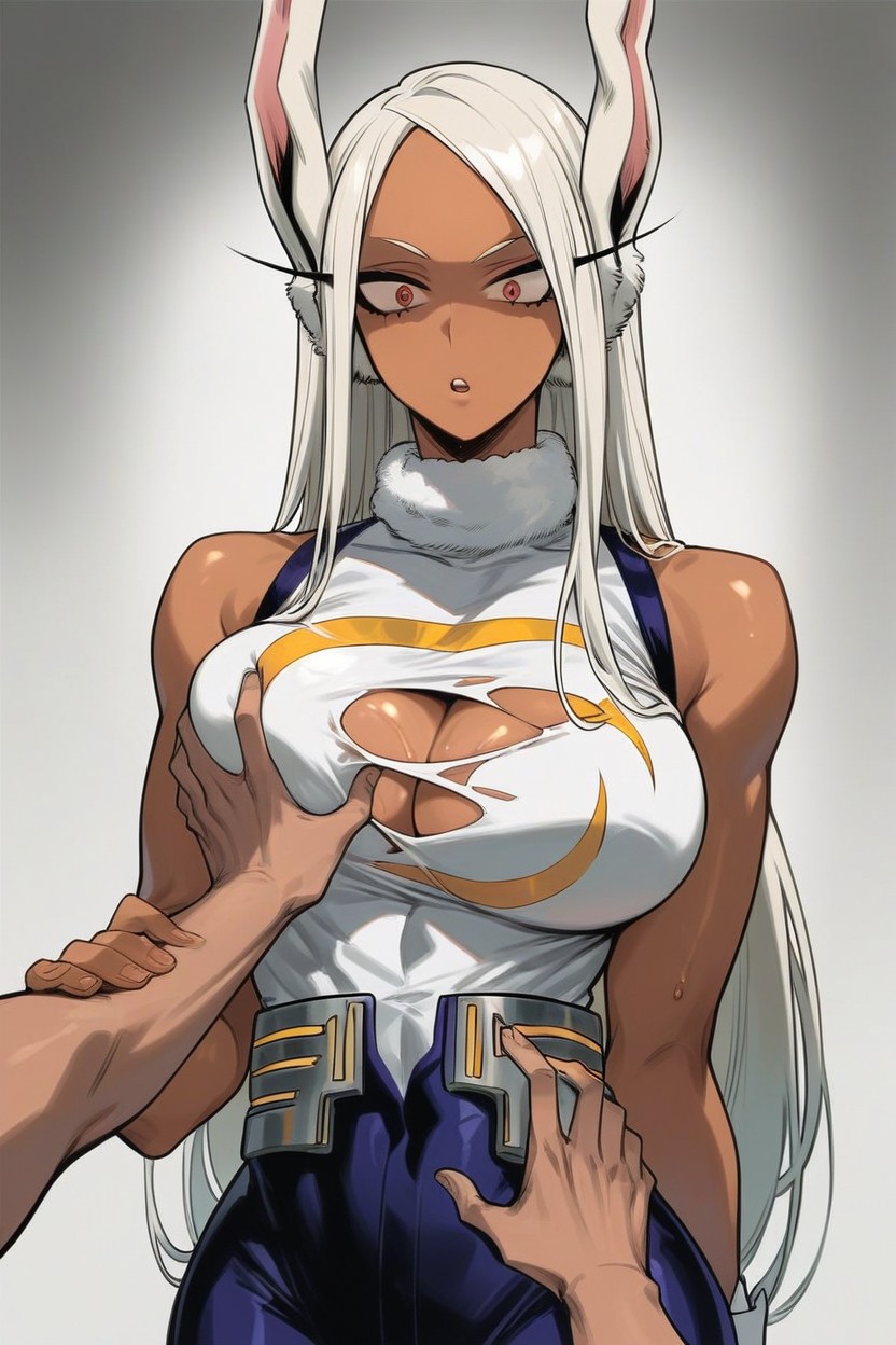 ai_generated big_breasts boku_no_hero_academia breasts dark-skinned_female dark_skin faprunner78 fondling fondling_breast grabbing_arm groping groping_breasts hips long_hair mirko miruko muscular muscular_arms muscular_female my_hero_academia natural_breasts parted_lips rabbit_ears rabbit_girl red_eyes rumi_usagiyama slim_girl slim_waist superhero_costume superheroine surprised surprised_expression torn_clothes waist white_hair white_male wide_hips