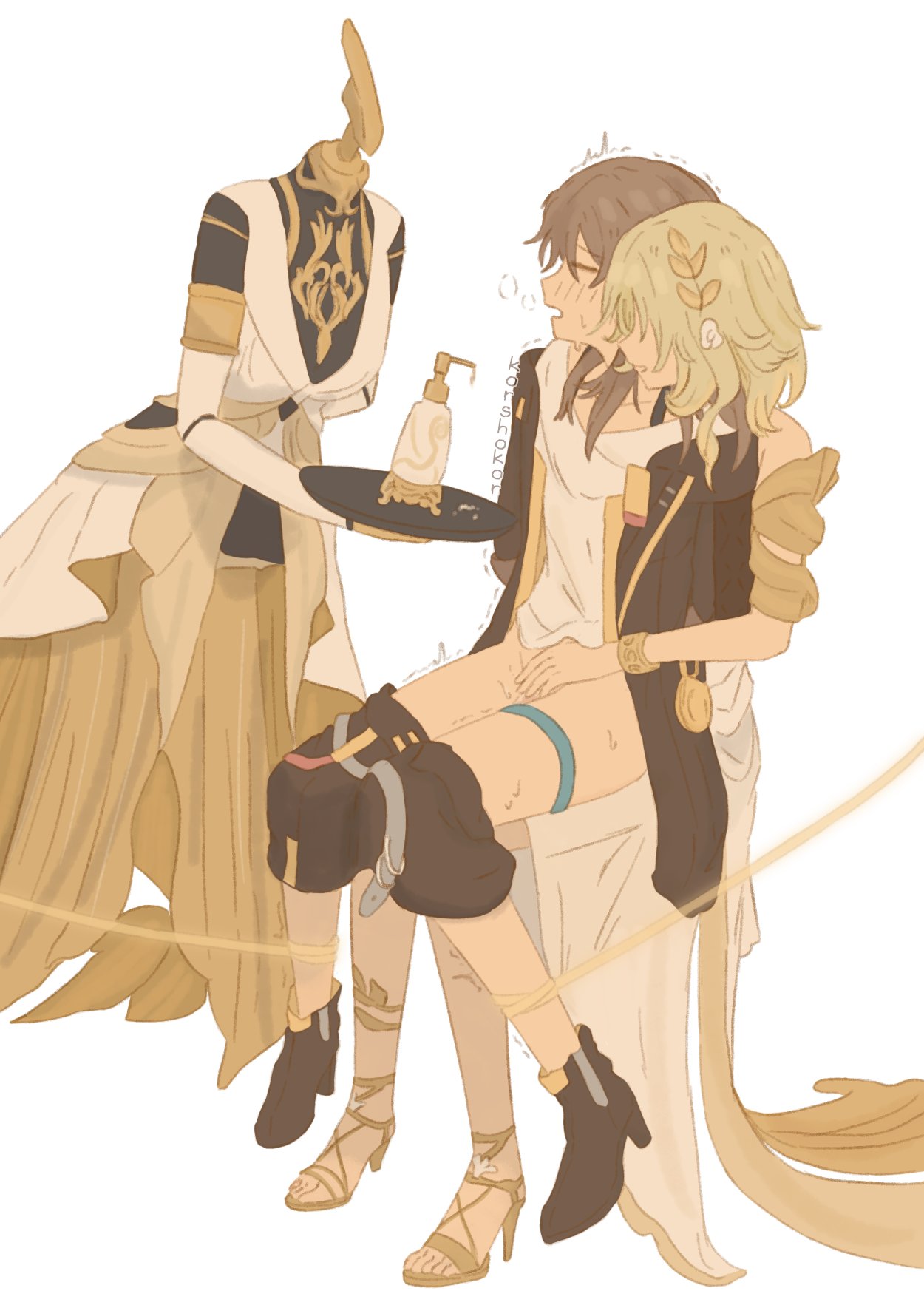2girls aglaea_(honkai:_star_rail) ancient_greek_clothes aphrodisiac arms_behind_back artist_name bare_shoulders black_boots black_coat black_gloves black_skirt blonde_hair blush boots bottle bracelet closed_eyes coat dress female flower full_body futa_with_female futanari gloves gold_bracelet gold_shoes greco-roman_clothes grey_hair hair_between_eyes hair_flower hair_ornament hair_over_eyes high_heels highres holding holding_tray honkai:_star_rail honkai_(series) intersex jewelry korshokor lapels laurel_crown long_hair long_sleeves lube multiple_girls open_clothes open_coat open_mouth penis pocket_watch shirt shoes short_hair simple_background sitting sitting_on_person skirt sleeveless sleeveless_dress smile stelle_(honkai:_star_rail) sweat t-shirt thigh_strap thread toenails trailblazer_(honkai:_star_rail) tray trembling watch white_background white_dress white_flower white_shirt