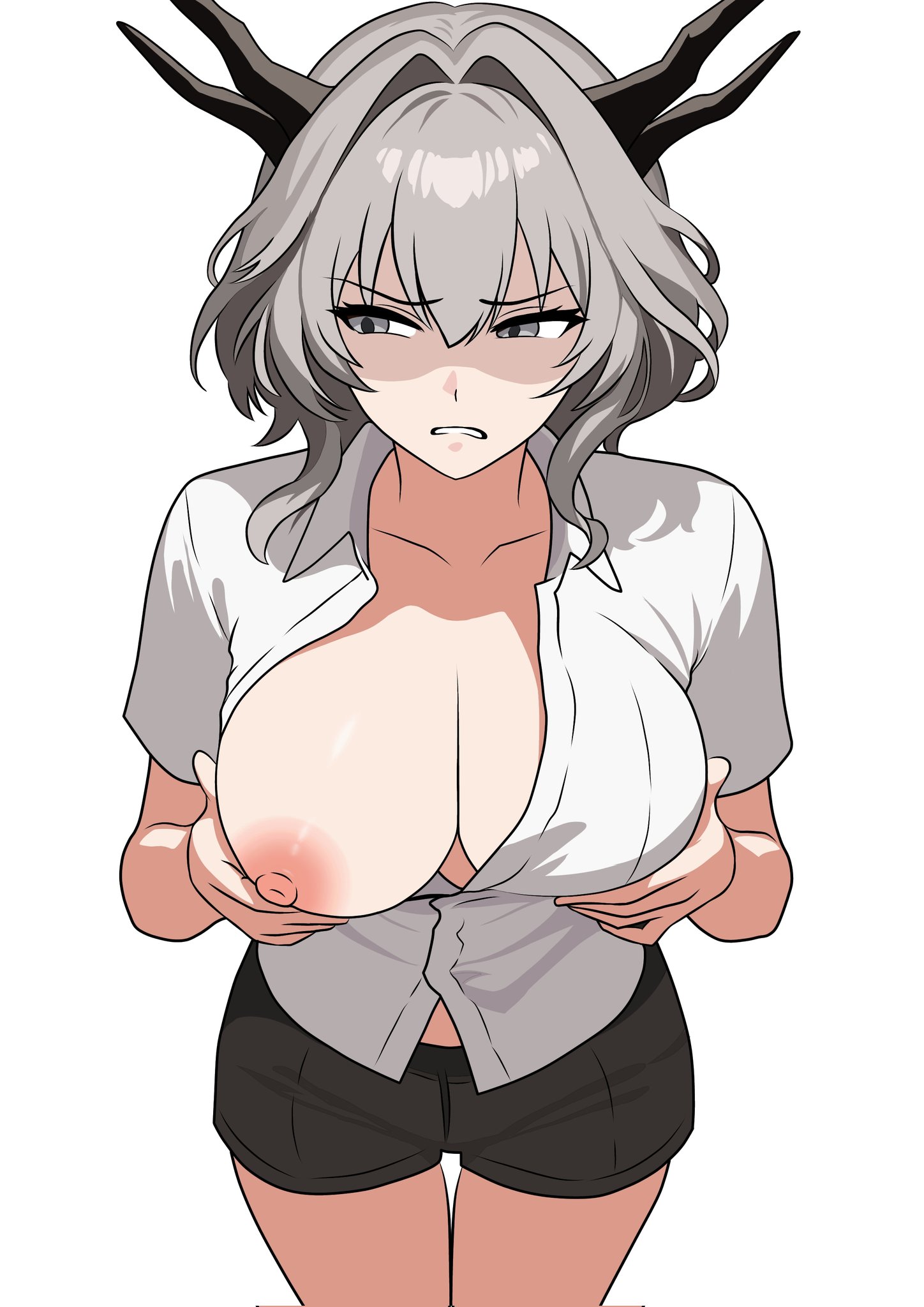 1girls, arknights, boobs out, breasts, disgusted, disgusted look, female, female only, horns, large areolae, large breasts, looking away, talulah (arknights), tits out, white background, white hair, white shirt, witchrosemary