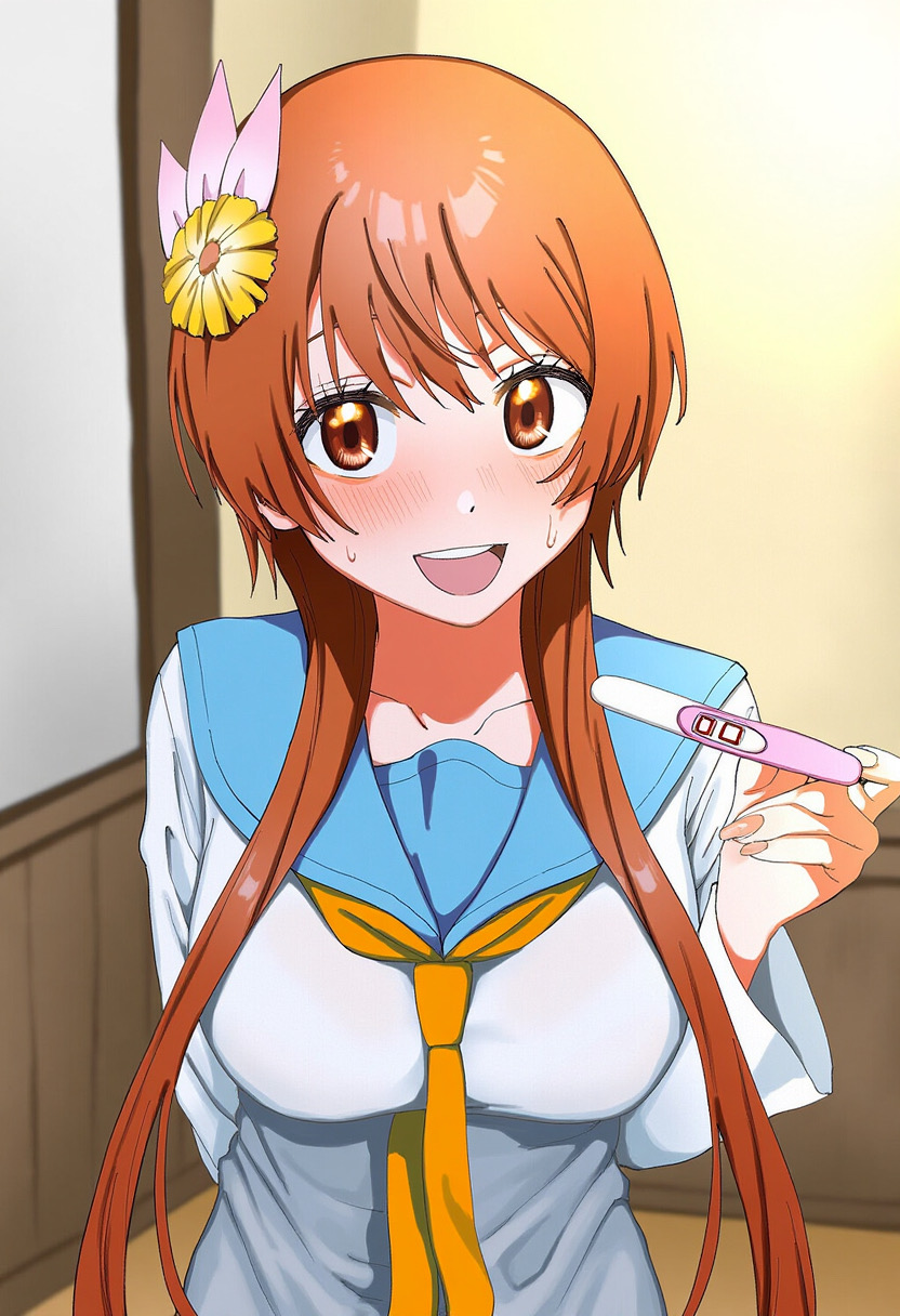 1girls :d ai_generated blush cowboy_shot happy indoors large_breasts looking_at_viewer nisekoi pregnancy_test presenting room school_uniform smile solo tachibana_marika waroffree