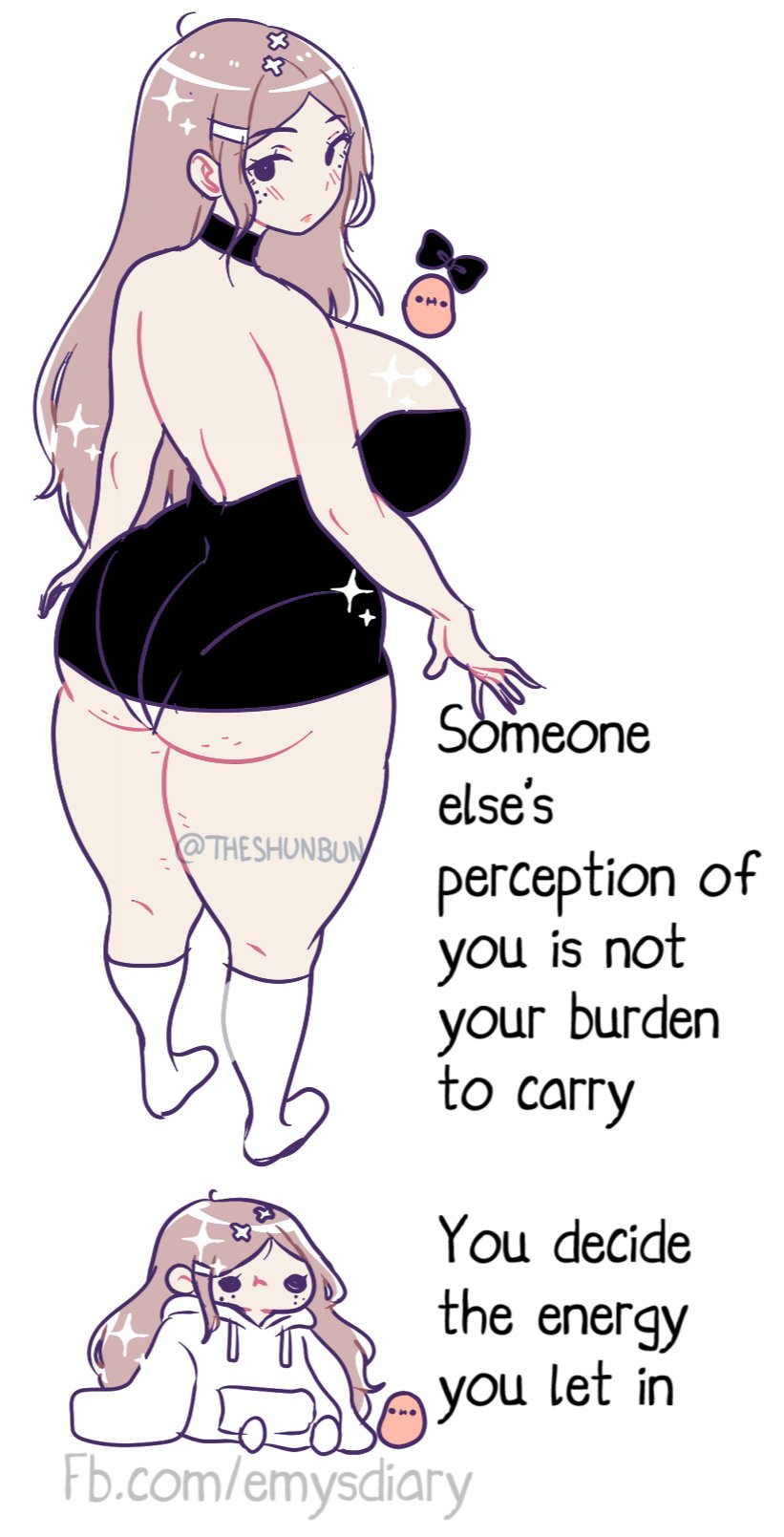 1girls, alternate version available, artist name, artist signature, ass, back, backless dress, backless outfit, bare back, bare shoulders, big ass, big breasts, big butt, black outfit, blush, blush lines, boobs and butt pose, breasts, brown hair, busty, cellulite, chibi, choker, curvaceous, curvy, curvy female, curvy figure, dress, emotional support, exposed back, female, female focus, female only, hi res, high resolution, highres, inspirational, kawaii potato, large ass, large breasts, light skin, light-skinned female, long hair, motivational, motivational poster, oc, original, original character, russet (theshunbun), sideboob, simple background, solo, solo focus, sparkle, sparkles, tagme, theshunbun, thick thighs, thighs, twitter username, voluptuous, voluptuous female, white background, wholesome