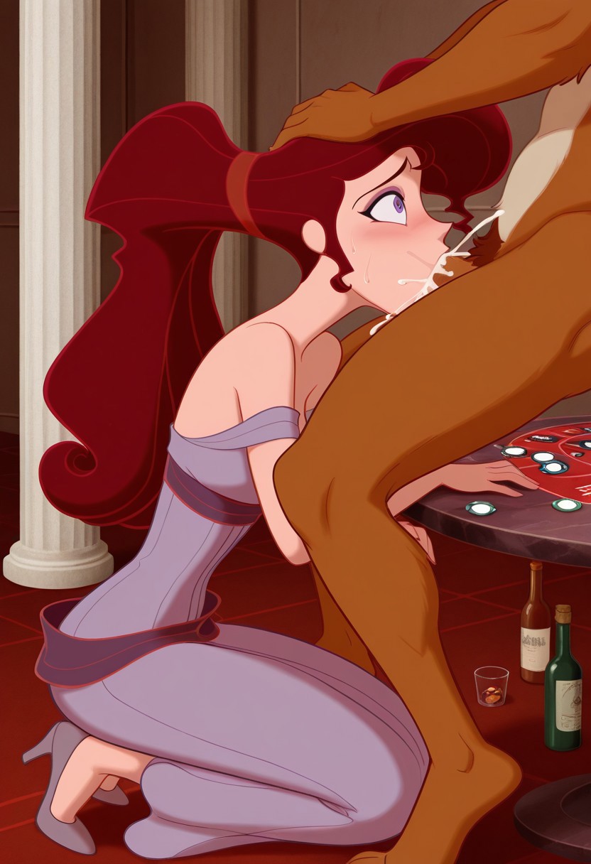 ai generated, blowjob, blowjob face, cum, cum in mouth, disney, fellatio, female, furry, hand on head, hercules (disney), megara