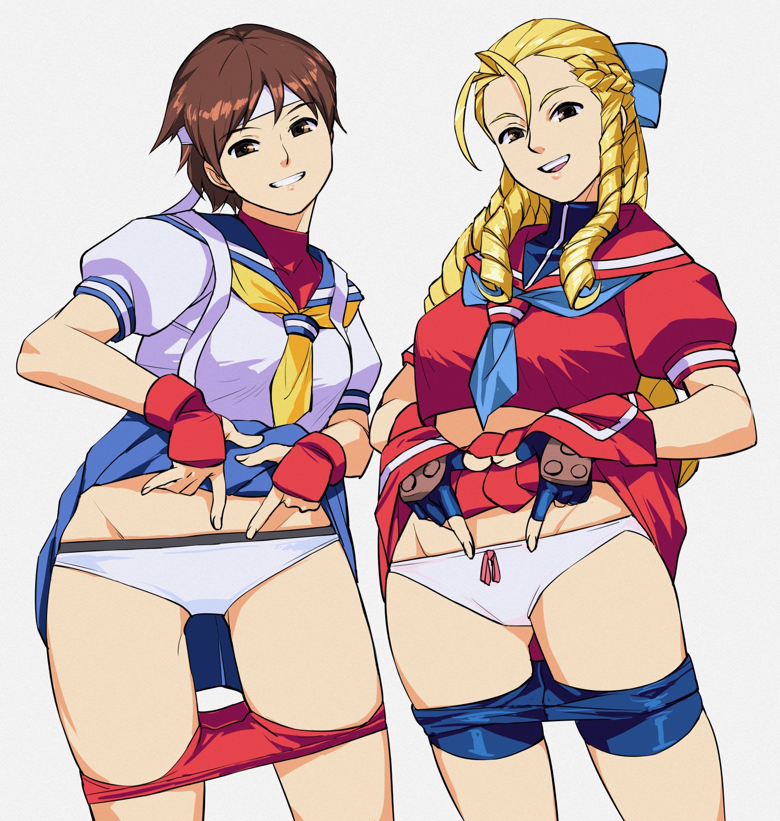 2d, 2girls, blonde hair, breasts, brown eyes, brown hair, busty, capcom, drill hair, female, female focus, female only, hazel eyes, hourglass figure, karin kanzuki, long hair, panties, pixie cut, sakura kasugano, school uniform, schoolgirl, short hair, standing, street fighter, street fighter alpha, themanyoukilled, wide hips