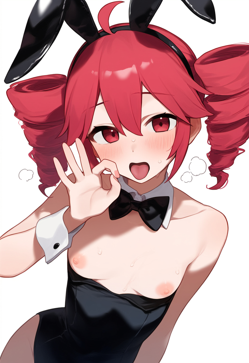 1girls, ahoge, ai generated, areolae, blush, breasts, breasts out, bunny ears, bunny girl, bunnysuit, detached collar, detached cuffs, fellatio gesture, female, female only, horny, horny female, kasane teto, nipples, playboy bunny, red eyes, red hair, slim waist, small breasts, solo, solo female, twin drills, utau