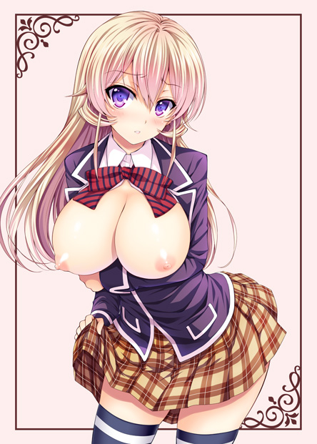 blazer blonde_hair blush breasts female jacket kuroe_(sugarberry) large_breasts long_hair nakiri_erina nipples open_blazer open_clothes open_jacket open_shirt parted_lips plaid plaid_skirt purple_eyes school_uniform shirt shokugeki_no_souma skirt skirt_hold solo thighhighs zettai_ryouiki