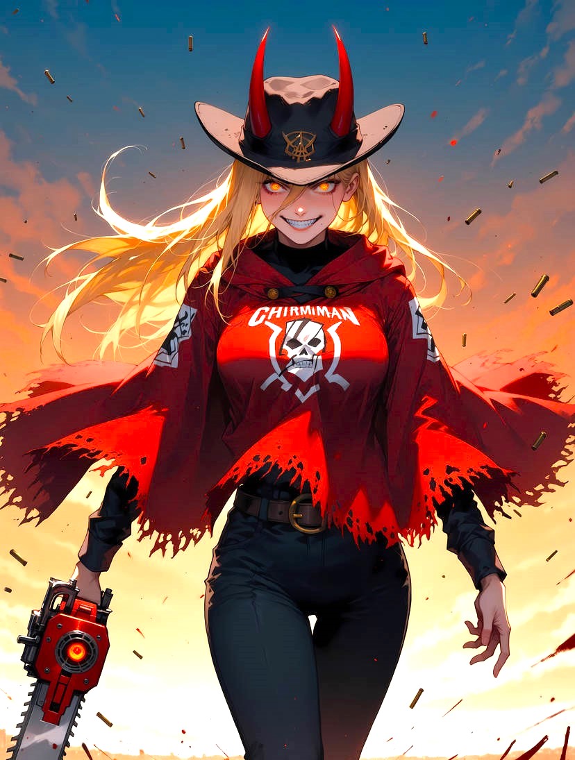 1girls ai_generated anime anime_girl arczisan babe badass belt big_breasts blonde_female breasts busty chainsaw chainsaw_man clothed_breasts coming cowboy_hat cowboy_outfit cowgirl curvy_female demon demon_girl destruction fantasy female female_only glowing glowing_eyes horn horned_female jeans looking_at_viewer manwha power_(chainsaw_man) red_horns sexy smiling stable_diffusion teeth teeth_showing weapon