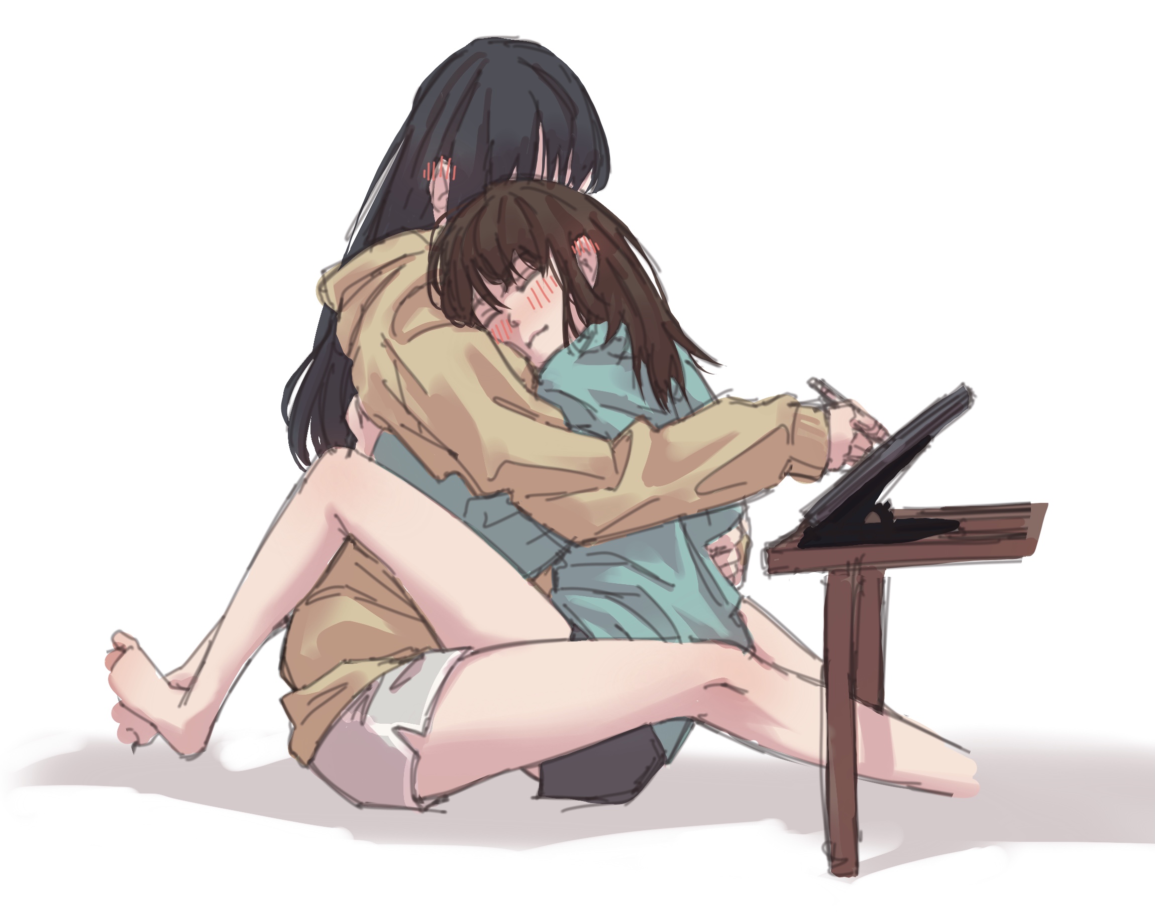 2girls, bluedino262566, blush, female, hugging, sitting, sweater, table, yuri