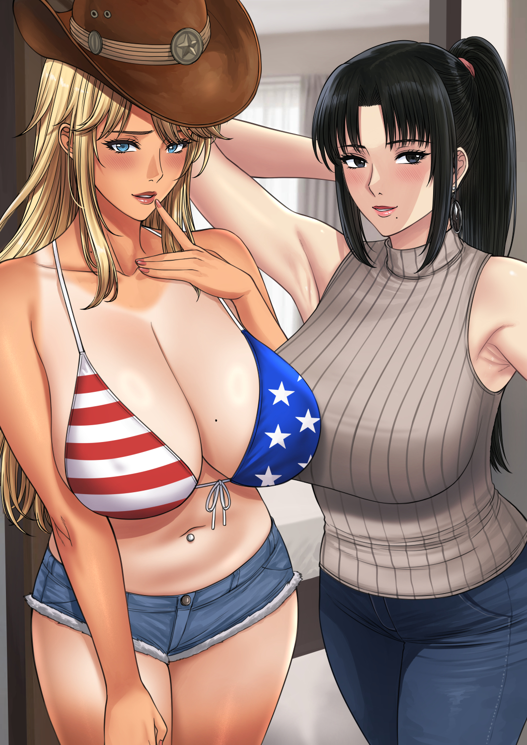 2girls armpits bedroom bikini bikini_top black_eyes black_hair blonde_female blonde_hair blue_eyes blush breasts cleavage collarbone cowboy_hat dark-skinned_female dark_skin denim earrings gyaru highres jeans large_breasts light-skinned_female light_skin lipstick long_hair looking_at_viewer mature_female milf nail_polish navel navel_piercing nush_(xter) original ponytail shorts smile smiling standing tan_skin tanline thighs white_skin xtermination