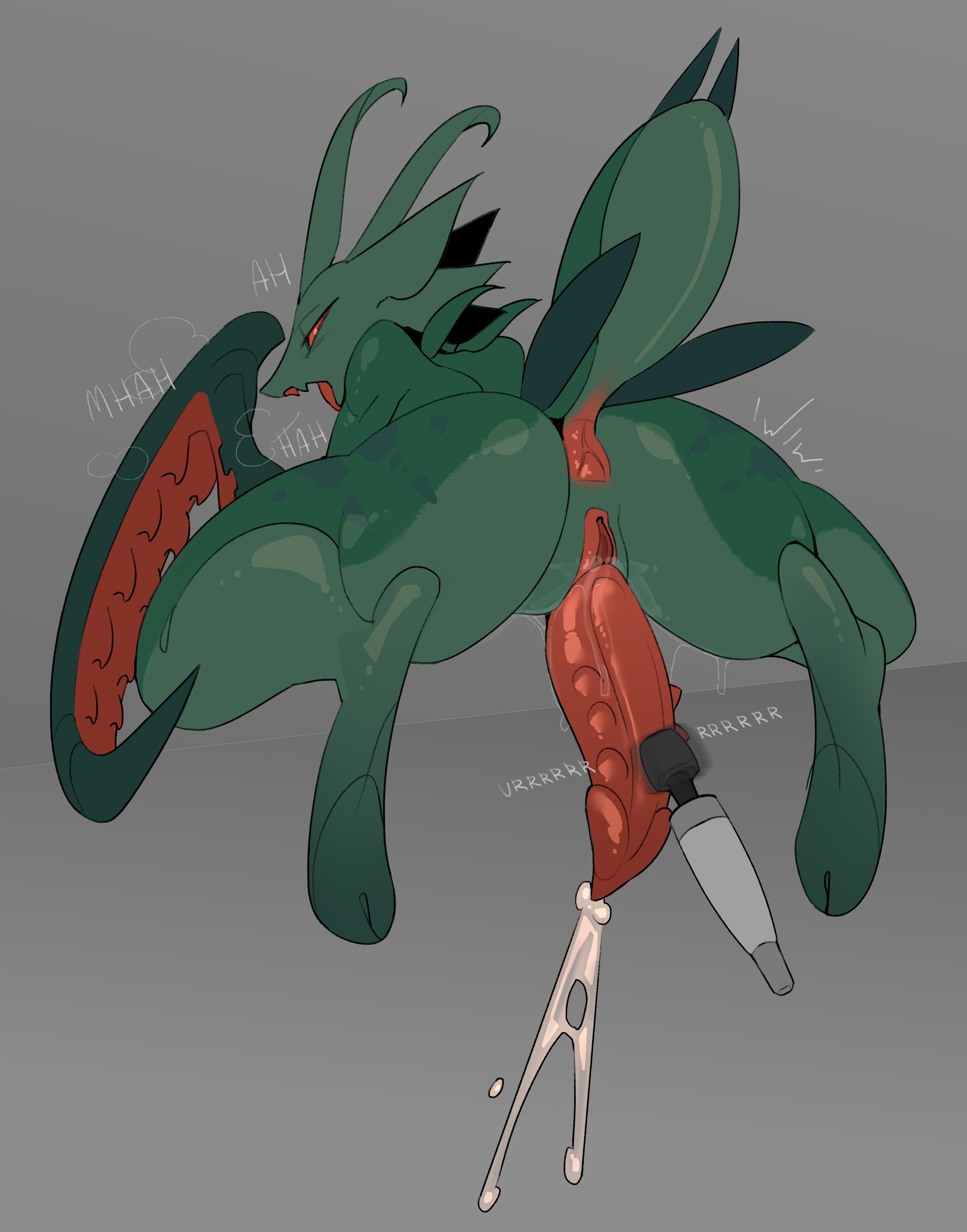absurd res, antennae (anatomy), anthro, anus, arthropod, arthropod abdomen, ass, big ass, big butt, big penis, bodily fluids, cum, cyber d1e, erection, futa sans balls, futanari, genital fluids, genitals, green body, herm, hi res, huge cock, insects, intersex, long penis, mantis, open mouth, orgasm, pamela (cyber d1e), penis, pussy, red eyes, sex toy, simple background, solo, text, thick penis, thick thighs, tongue, vaginal fluids, vibrator