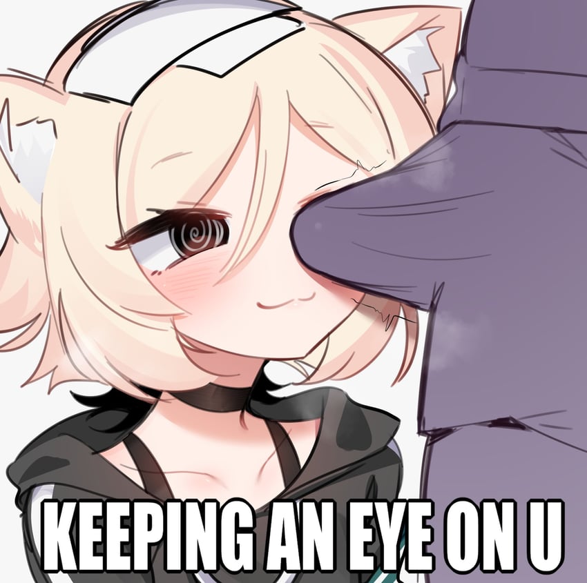 1boy, 1girls, anon, blonde hair, bulge, bulge in underwear, cat ears, choker, hard on, hoodie, meme, no nut november, one eye covered, original, tremble lines, underwear, unknown artist, watching