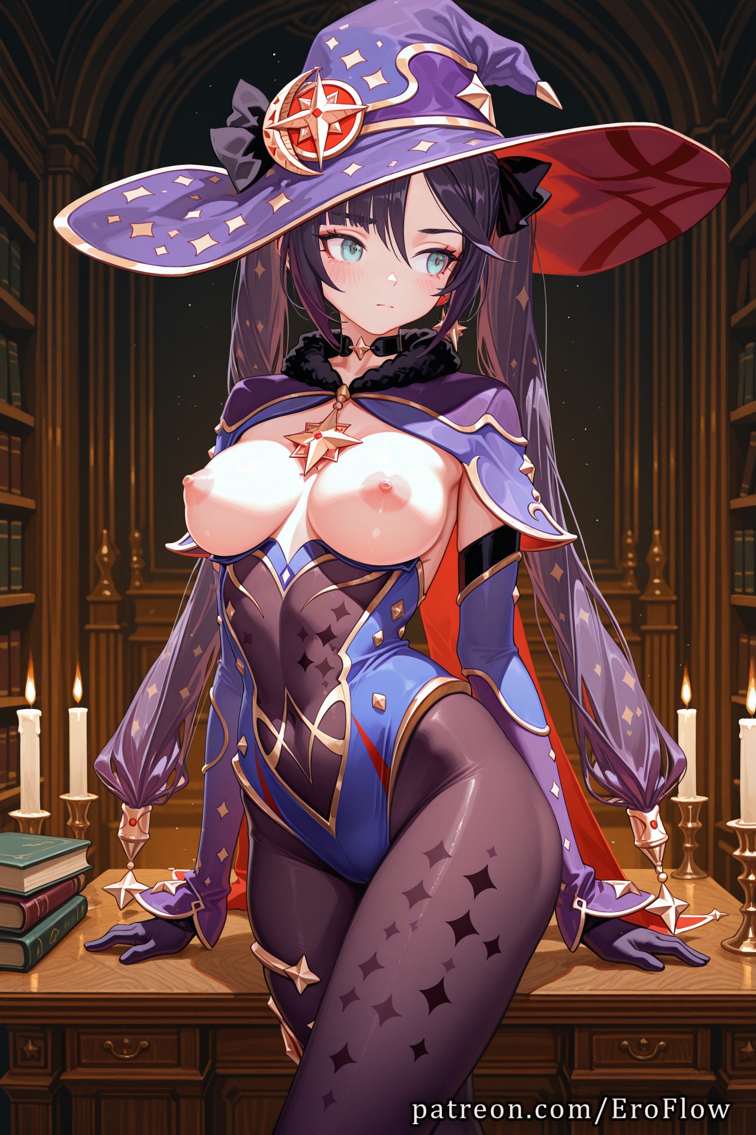 1girls, 2025, ai generated, bangs, black gloves, black hair, blue leotard, bodystocking, book, breasts, breasts out, candle, cape, choker, closed mouth, detached sleeves, earrings, eroflow, female, female only, fur collar, genshin impact, gloves, gold trim, hat, hat ornament, hi res, highleg, highleg leotard, highres, hoyoverse, jewelry, large breasts, leotard, long hair, looking to the side, medium breasts, mihoyo, mihoyo technology (shanghai) co. ltd., mona (genshin impact), nipples, pantyhose, patreon, purple hair, solo, sparkle print, star (symbol), star earrings, thighlet, twintails, voluptuous, voluptuous female, witch hat