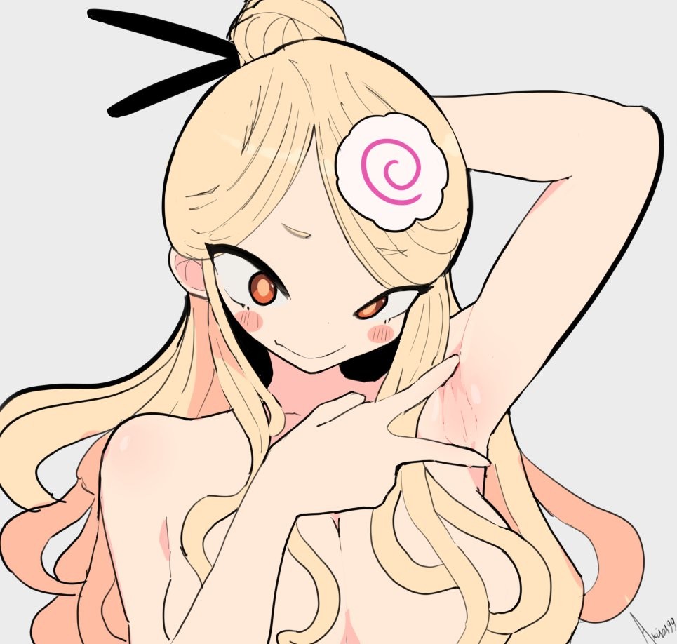 1girl 1girls akisas99 arm_behind_head armpit armpit_crease armpit_focus armpit_peek armpits background big_boobs big_breasts blonde blonde-haired_female blonde_eyebrows blonde_female blonde_hair blonde_hair_female breasts brown-eyed_female brown_eyes busty busty_female busty_girl closed_mouth_smile confident confident_expression confident_female confident_pose confident_smile confident_stare confidently_naked confidently_nude eyebrows_visible_through_hair grey_background hair_bun hair_ornament hair_ornaments hair_pin hairless_armpits hairpin hairpins hand_behind_head head_tilt huge_boobs huge_breasts large_boobs large_breasts monotone_background oc one_color_background original original_art original_artwork original_character original_female_character plain_background plump_breasts posing posing_for_the_viewer posing_naked posing_nude presenting_armpit shaved_armpits side_up_bun single_hair_bun single_side_bun smile smiley_face smiling smiling_at_viewer solid_color_background tied_hair tilted_head yellow-haired_female yellow_eyebrows yellow_hair