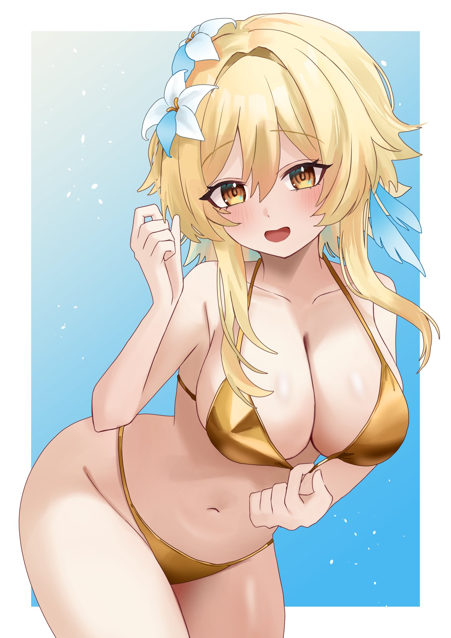 1girls, 2d, 2d (artwork), alternate breast size, alternate costume, big breasts, bikini, bikini bottom, bikini top, blonde hair, bra, breasts, cleavage, female, female focus, female only, flowers, flowers in hair, front view, genshin impact, golden bikini, golden bikini bottom, golden bikini top, golden swimsuit, high resolution, highres, hoyoverse, ikurumidwd, light skin, light-skinned female, looking at viewer, lumine (genshin impact), mihoyo, short hair, slim female, smiling, smiling at viewer, solo, solo female, solo focus, standing, swimsuit, thong, thong bikini, two piece swimsuit, white background, white flowers, yellow eyes, young, younger female