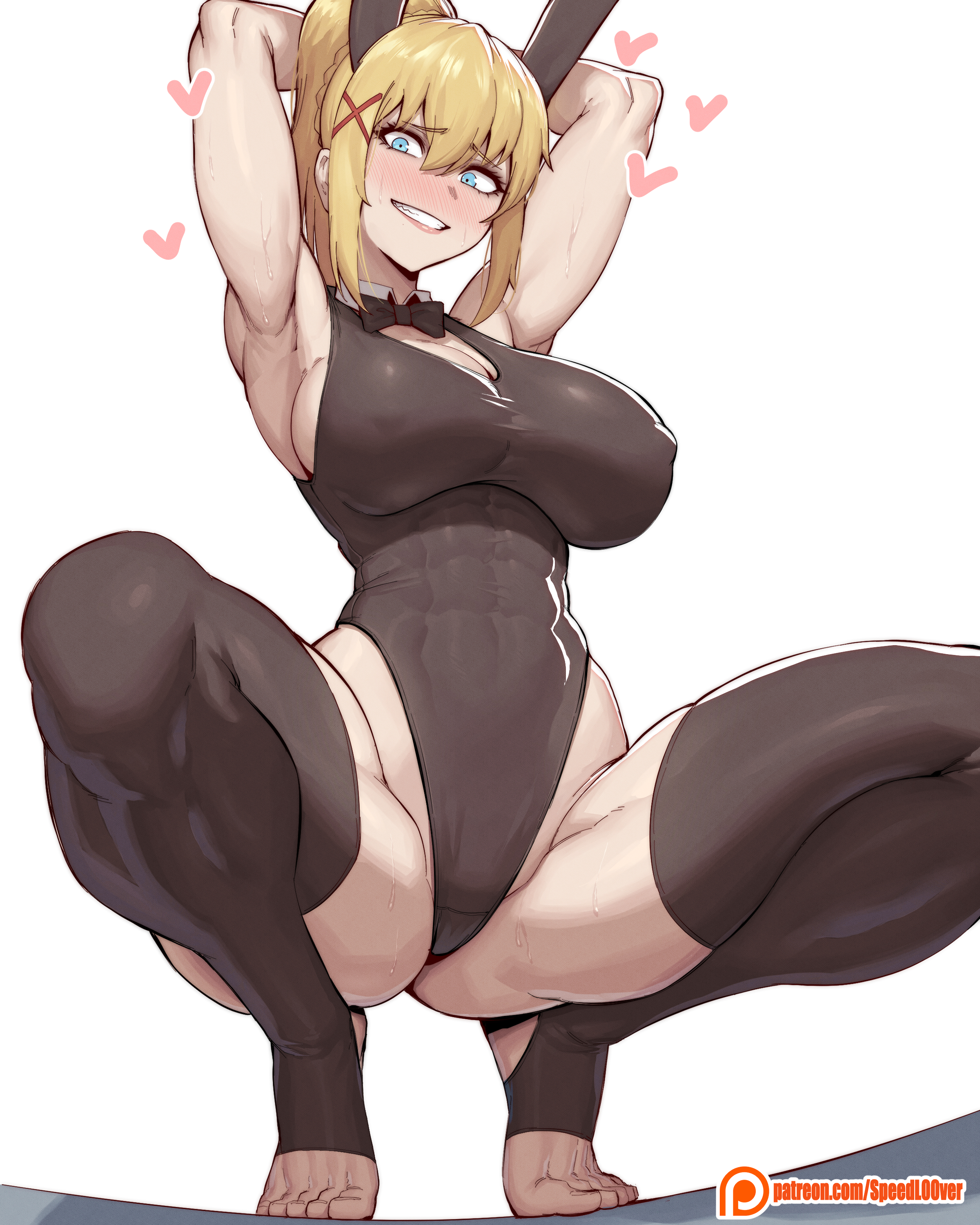 1girls, armpits, arms up, blonde hair, breasts, bunny ears, bunny girl, darkness (konosuba), female, female only, huge breasts, kono subarashii sekai ni shukufuku wo!, konosuba, muscular, muscular female, nervous, nervous smile, nipples visible through clothing, solo, speedl00ver, squatting, stirrup legwear, stirrup stockings, stirrup thighhighs, sweat, sweating, sweaty, sweaty body, thick thighs, thighhighs