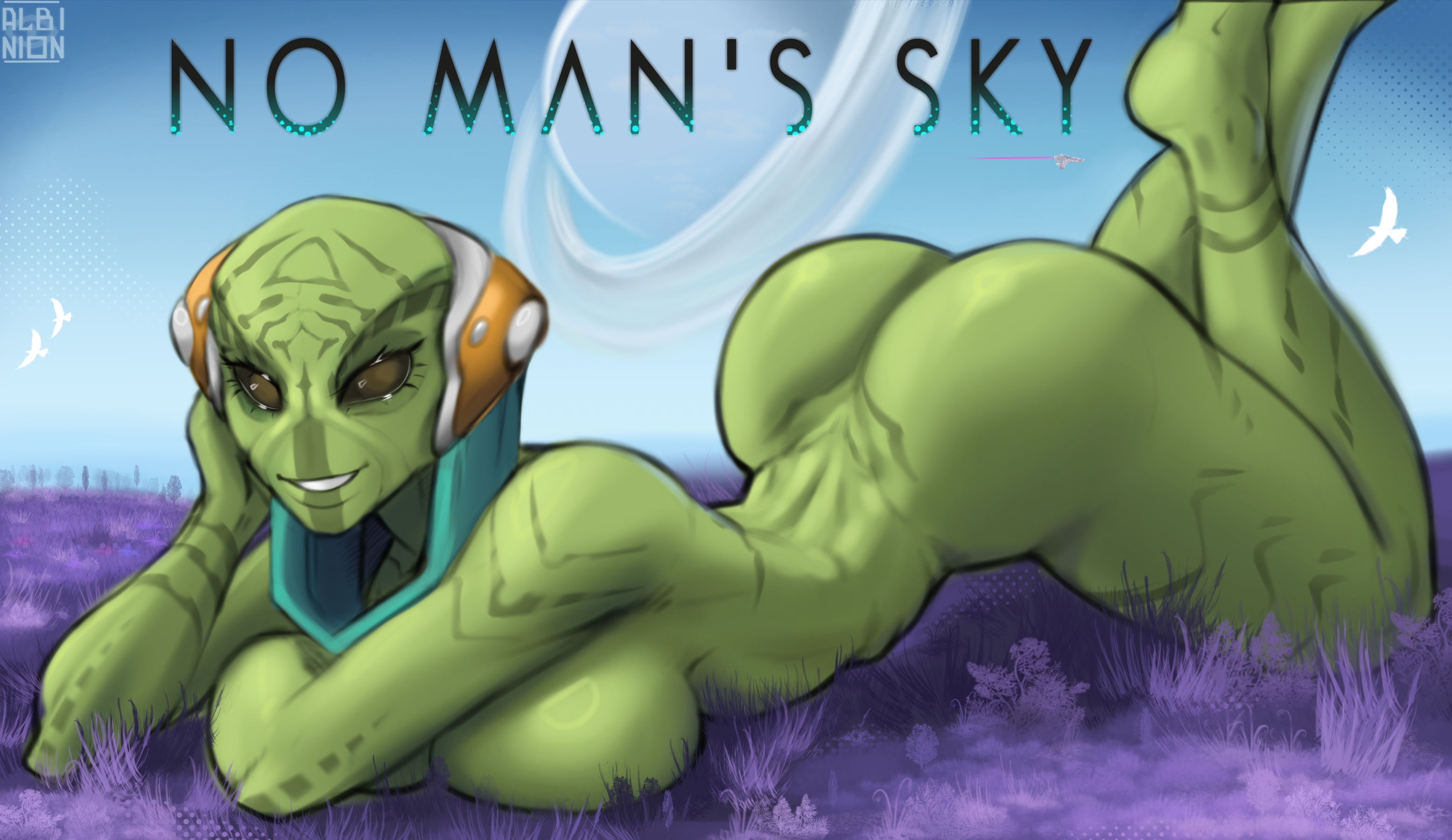 2025, absurd res, albinion, alien, alien planet, armwear, artemis (no man's sky), ass, ass focus, big breasts, breasts, clothing, eyelashes, facial tattoo, female, filter, first person view, green body, green skin, head tilt, headgear, headwear, hi res, human, humanoid, interspecies, long eyelashes, looking at viewer, mammal, no man's sky, not furry, outside, poster, smile, solo, solo focus, tattoo, text, thick eyelashes, video games