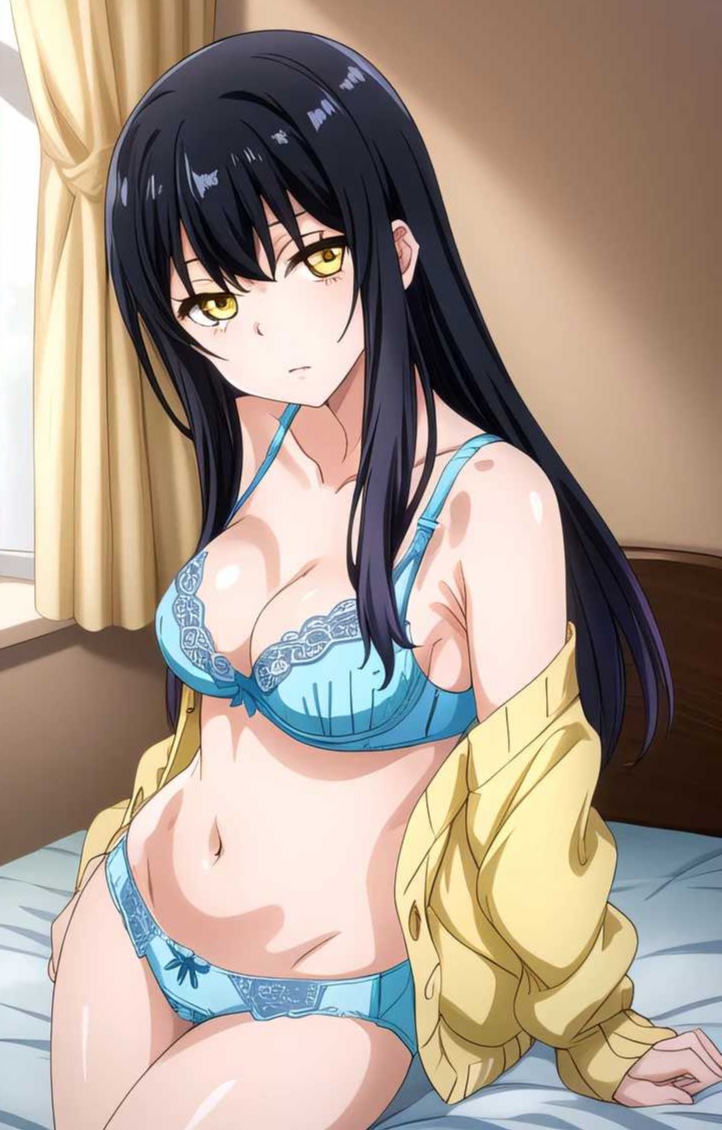 1girls, ai generated, bedroom, female, mieruko-chan, sitting, solo, underwear, yotsuya miko