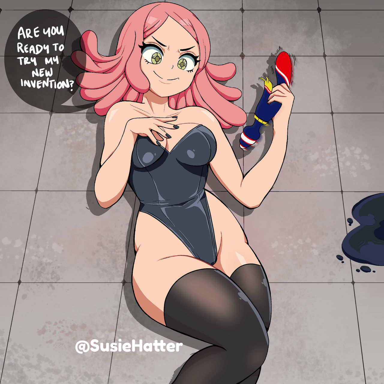 1girls, black legwear, boku no hero academia, breasts, female, fingernails, hand on breast, holding object, legwear, long hair, mei hatsume, my hero academia, on back, one-piece lingerie, painted nails, pink hair, pink-haired female, speech, speech bubble, susiehatter, text, thick thighs, thigh highs, thighhighs, thighs, vibrator, yellow eye
