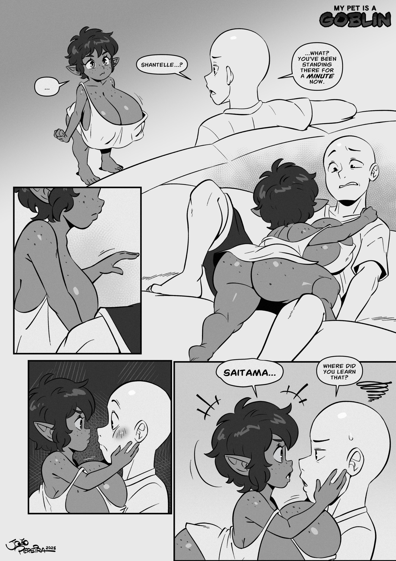 2025, ass, big ass, big breasts, big butt, biped, breasts, clothed, clothing, comic, cute, dialogue, duo, english text, female, freckles, goblin, goblin female, hi res, huge breasts, human, hyper, hyper breasts, joaoppereiraus, larger human, larger male, male, male/female, mammal, no underwear, not furry, sean (joaoppereiraus), shantelle (joaoppereiraus), short stack, simple background, size difference, smaller female, speech bubble, text, thick thighs, three-quarter view, wholesome