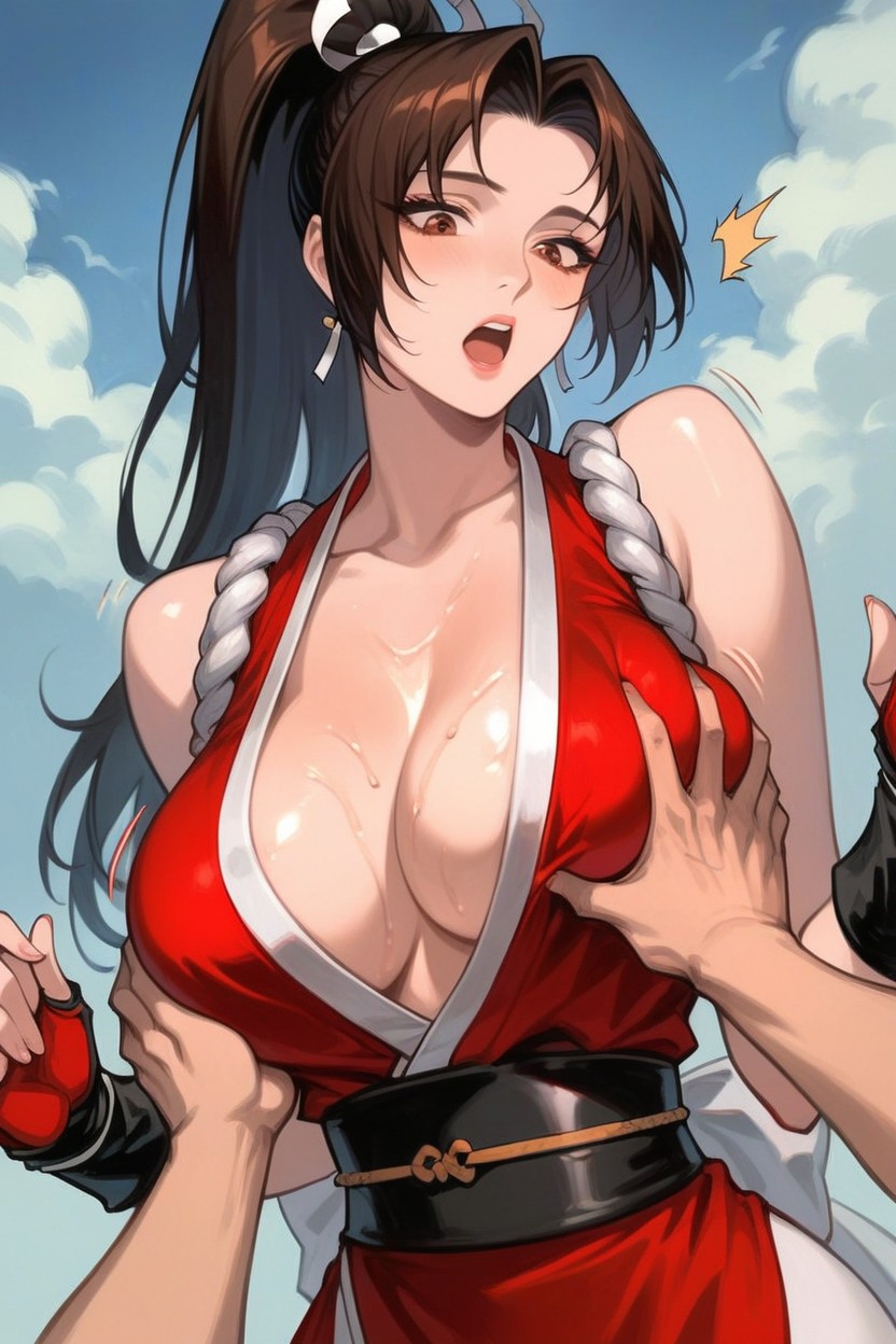 1boy, 1girls, ai generated, big breasts, breast grab, breasts, brown eyes, brown hair, cleavage, daytime, earrings, faprunner78, fatal fury, fatal fury 2, female, fondling, fondling breast, gloves, groping, groping breasts, hair accessory, heavy breasts, hips, huge breasts, king of fighters, long hair, looking at viewer, mai shiranui, male, natural breasts, oiled, oiled breasts, oiled skin, open mouth, outdoors, red clothing, slim female, slim waist, snk, soft breasts, tied hair, waist, wide hips