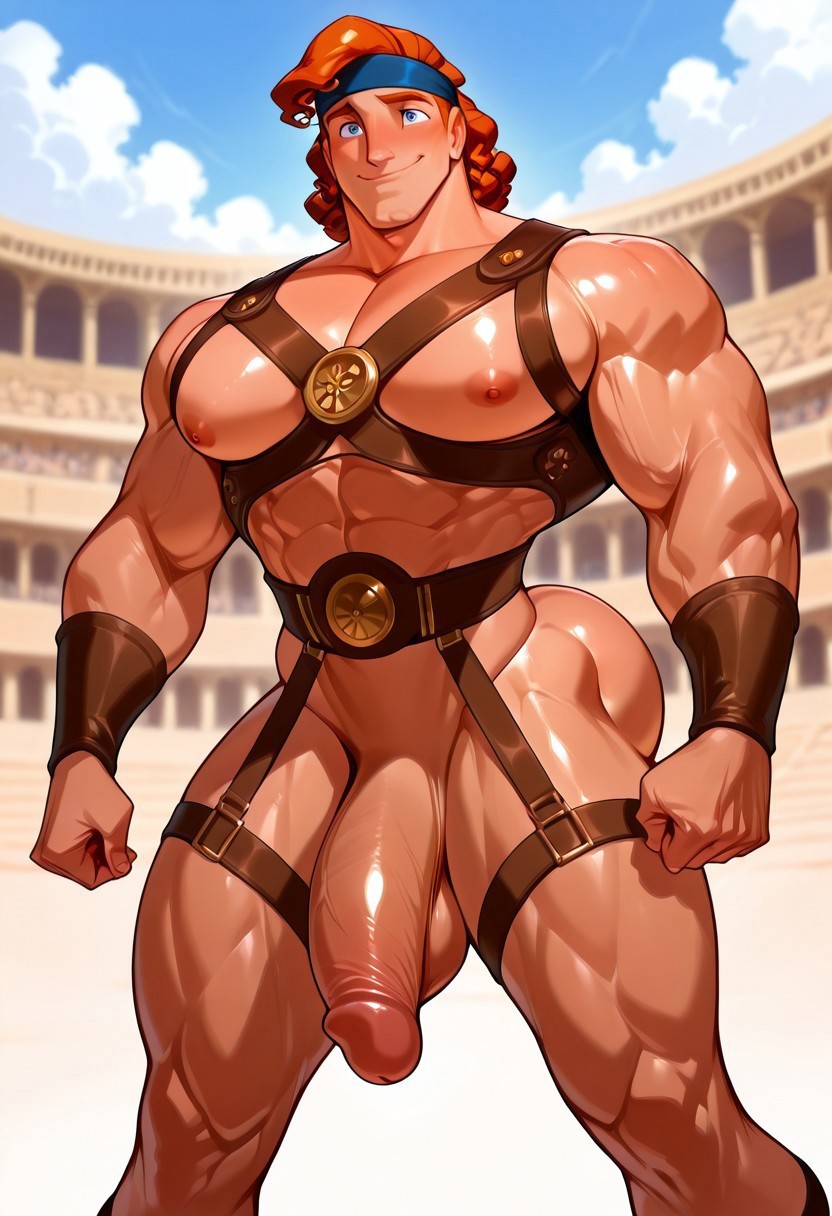 ai generated, ass, bara, big ass, big biceps, big butt, big pecs, big penis, breasts, bubble ass, bubble butt, coliseum, disney, flaccid, gladiator, gladiator sandals, harness, hercules (character), hercules (disney), male, male focus, male only, muscles, muscular, muscular arms, muscular chest, muscular legs, muscular male, muscular thighs, obliques, penis, revealing clothes, thick penis, thick thighs, thighs, yaoi