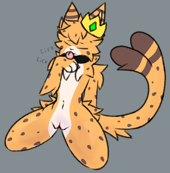 andromorph anthro brown_spots cheek_tuft collar crown cuntboy digital_drawing_(artwork) digital_media_(artwork) facial_tuft felid feline forked_tail fur genitals grey_background half-closed_eyes hand_lick headgear humanoid_genitalia humanoid_pussy intersex leo_(cosmicservalleo) mammal markings midnightpurrs narrowed_eyes neck_tuft pussy serval simple_background smile solo spots spotted_body spotted_fur spotted_markings tail tongue tongue_out tuft unusual_anatomy unusual_tail white_body white_fur yellow_body yellow_fur
