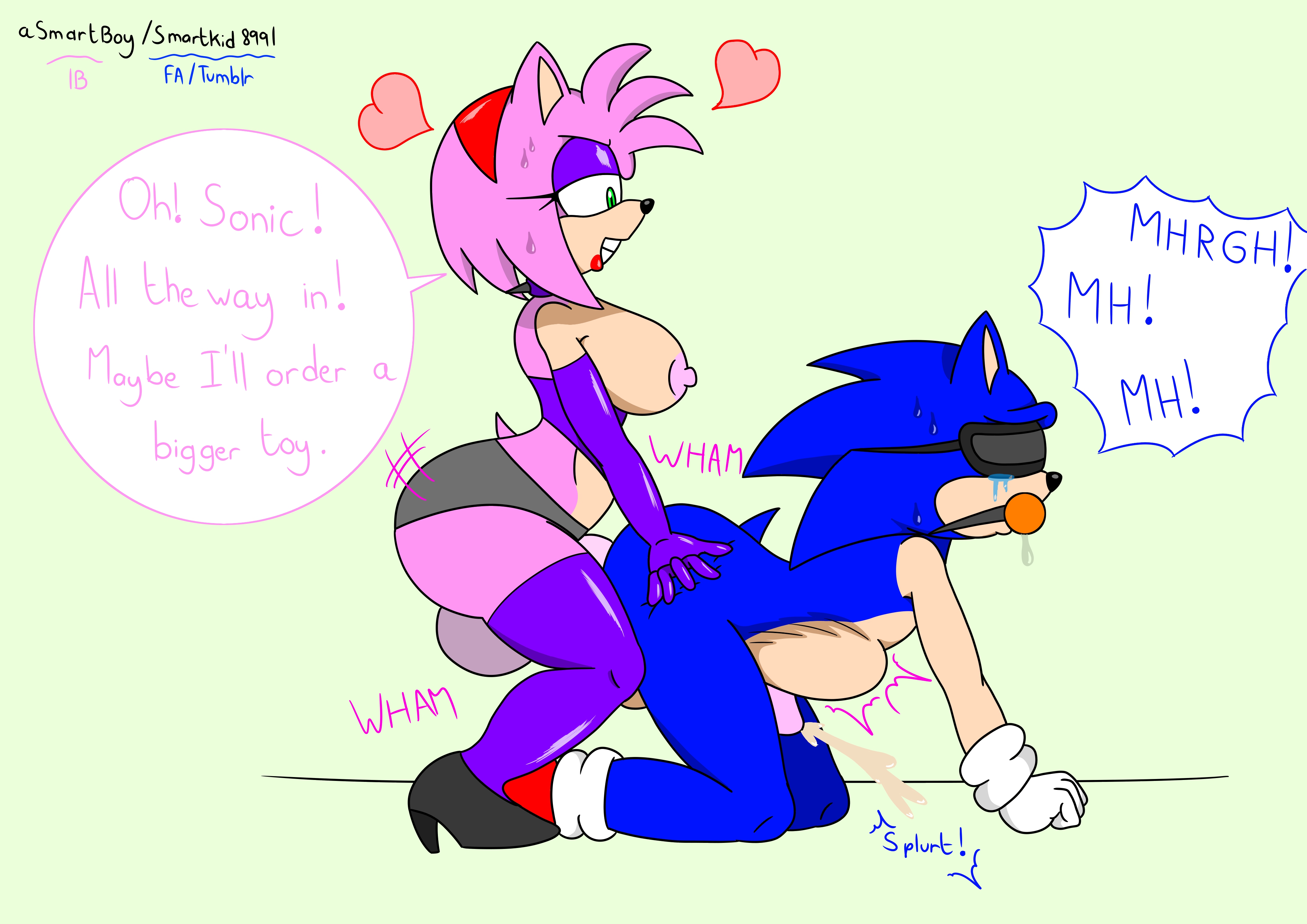 amy rose, anal, asmartboy, ball gag, blindfold, blue fur, cum, elbow gloves, english text, female, femboy, femdom, furry, gag, gagged, gloves, hedgehog, latex, latex gloves, leggings, male, mammal, nipples, on all fours, pegging, sonic (series), sonic the hedgehog, sonic the hedgehog (series), stockings, stomach bulge, strap-on, strapon, text