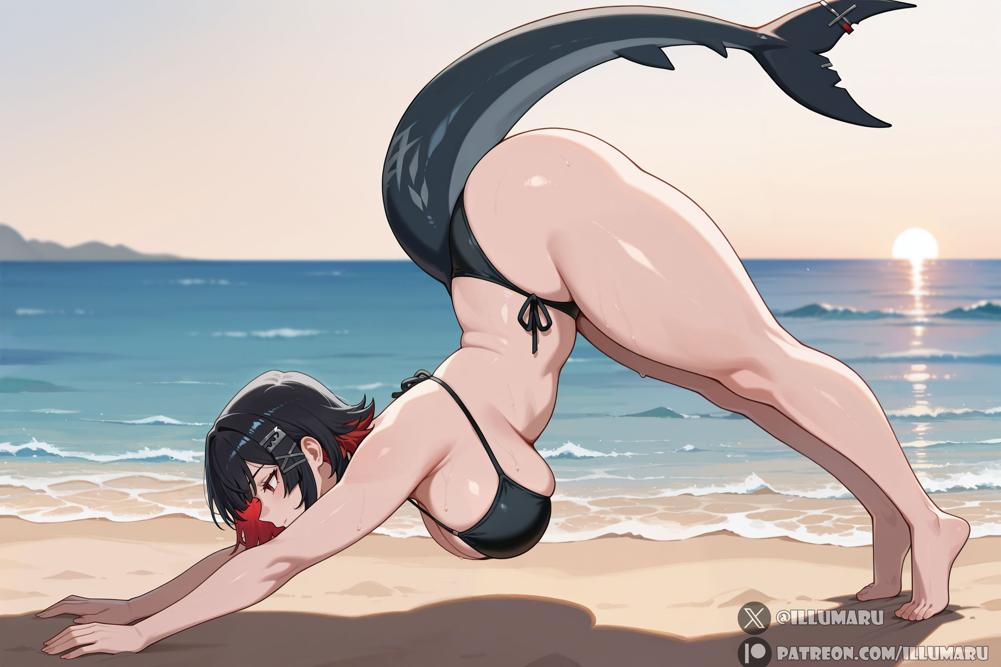 1girls, 2025, ai generated, beach, bikini, black hair, breasts, curvaceous, curvy, curvy body, curvy female, curvy figure, detailed, ear piercing, ellen joe, female, female focus, female only, hi res, illumaru, jack-o pose, large breasts, patreon username, pink hair, red eyes, shark, shark girl, shark humanoid, shark tail, short hair, side view, solo, stable diffusion, thick thighs, top-down bottom-up, two-tone hair, voluptuous, voluptuous female, wet, wet body, wide hips, yoruichi stretch, zenless zone zero