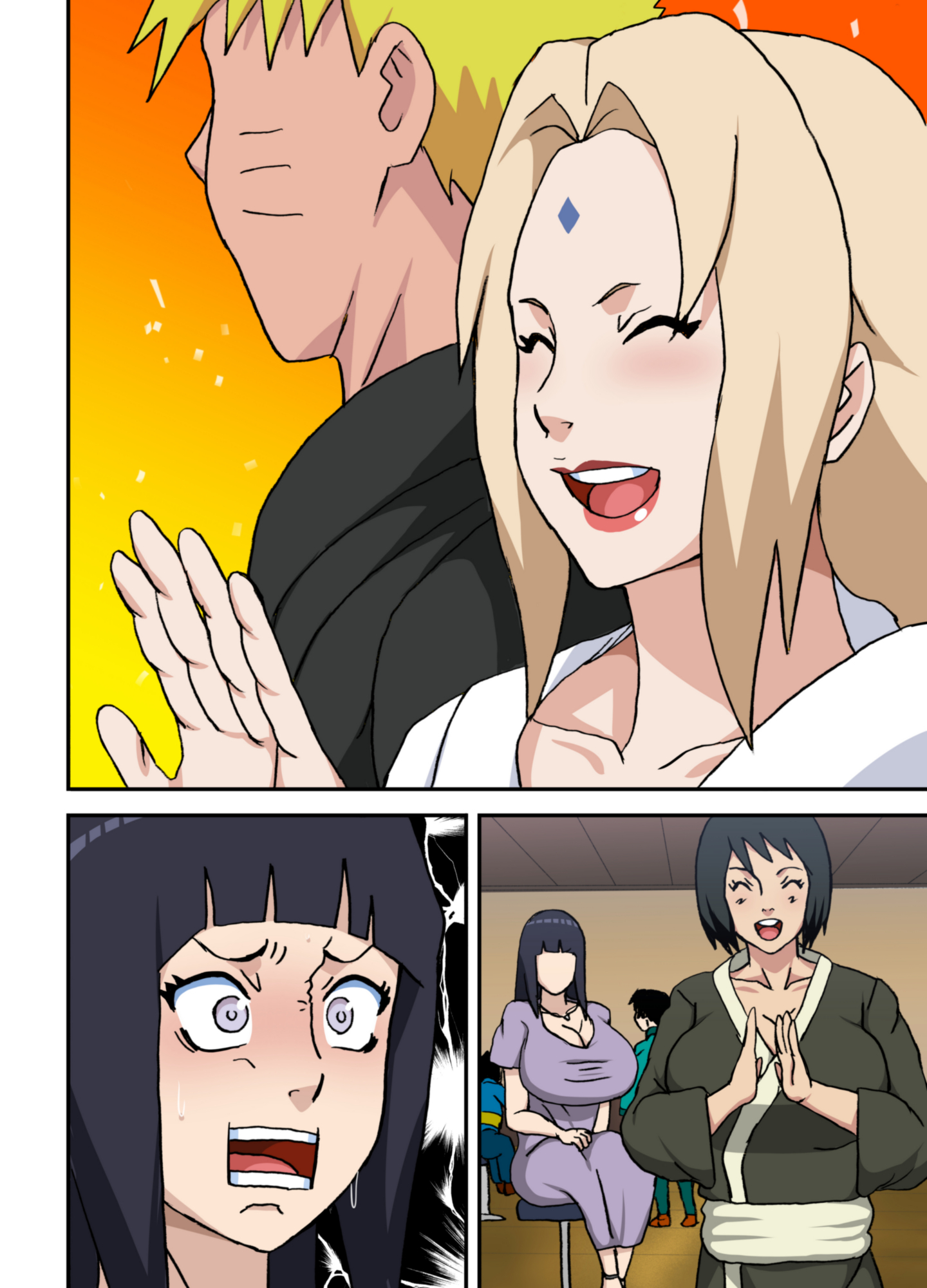 1boy, 3girls, age difference, black hair, blonde hair, boruto: naruto next generations, breasts, bride, busty, cheering, clapping, cleavage, closed eyes, colored, couple, cucked by friend, cucked by teacher, cuckquean, dress, female, groom, hakama, high resolution, hood, hyuuga hinata, japanese clothes, just married, kimono, lipstick, male, married couple, mature female, mature woman, milf, naruho, naruto, naruto (series), naruto shippuden, naruto: the last, netorare, ntr, older female and younger male, oppai, purple hair, shizune, shocked, shocked expression, smile, teacher and student, textless, top heavy, top heavy breasts, traditional clothes, tsunade, uzumaki naruto, voluptuous, voluptuous female, waving, waving hand, wedding attire, white eyes, yellow hair