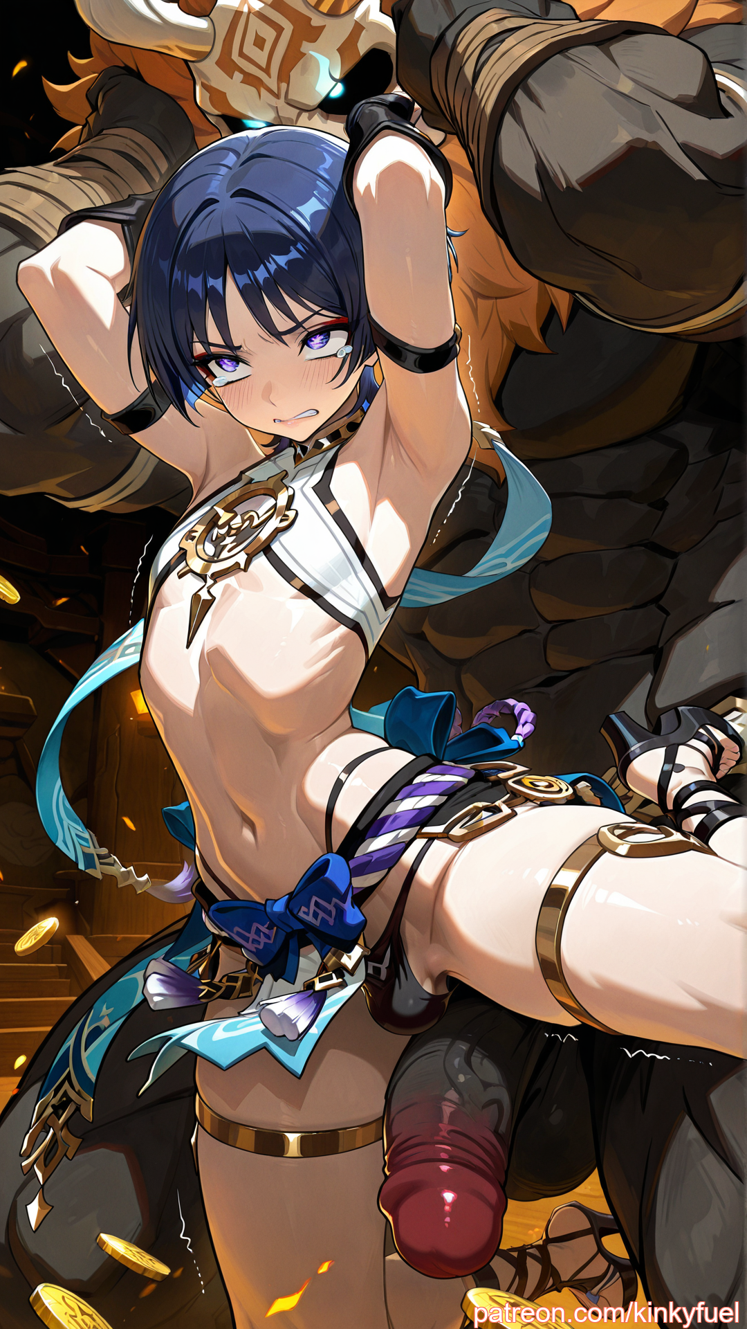 ai generated, ass, ass focus, belly dancer, belly dancer outfit, big penis, femboy, genshin impact, heels, high heels, hilichurls (species), kinkyfuel, lingerie, male, monster cock, penis, penis size difference, scaramouche (genshin impact)