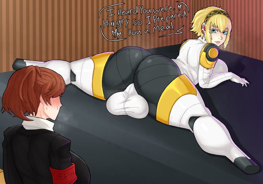 1futa, 1girls, aegis (persona), aigis (persona), android, armband, armwear, ass, atlus, back view, backsack, balls, ballsack, big ass, big ass (futa), big balls, big breasts, blonde hair, blue eyes, blush, breasts, brown hair, clothed, clothing, dialogue, english text, female, female protagonist (persona 3), fully clothed, futa focus, futanari, huge ass, huge balls, human, humanoid, intersex, kotone shiomi, large breasts, light skin, light-skinned female, light-skinned futa, looking back, megami tensei, musk, musk clouds, musky, musky cock, pale skin, penis, persona, persona 3, persona 3 portable, presenting, presenting hindquarters, slushiebest, smell, smelly, smelly cock, steam, steaming body, steamy, sweat, sweatdrop, sweating, sweaty, text, thick thighs