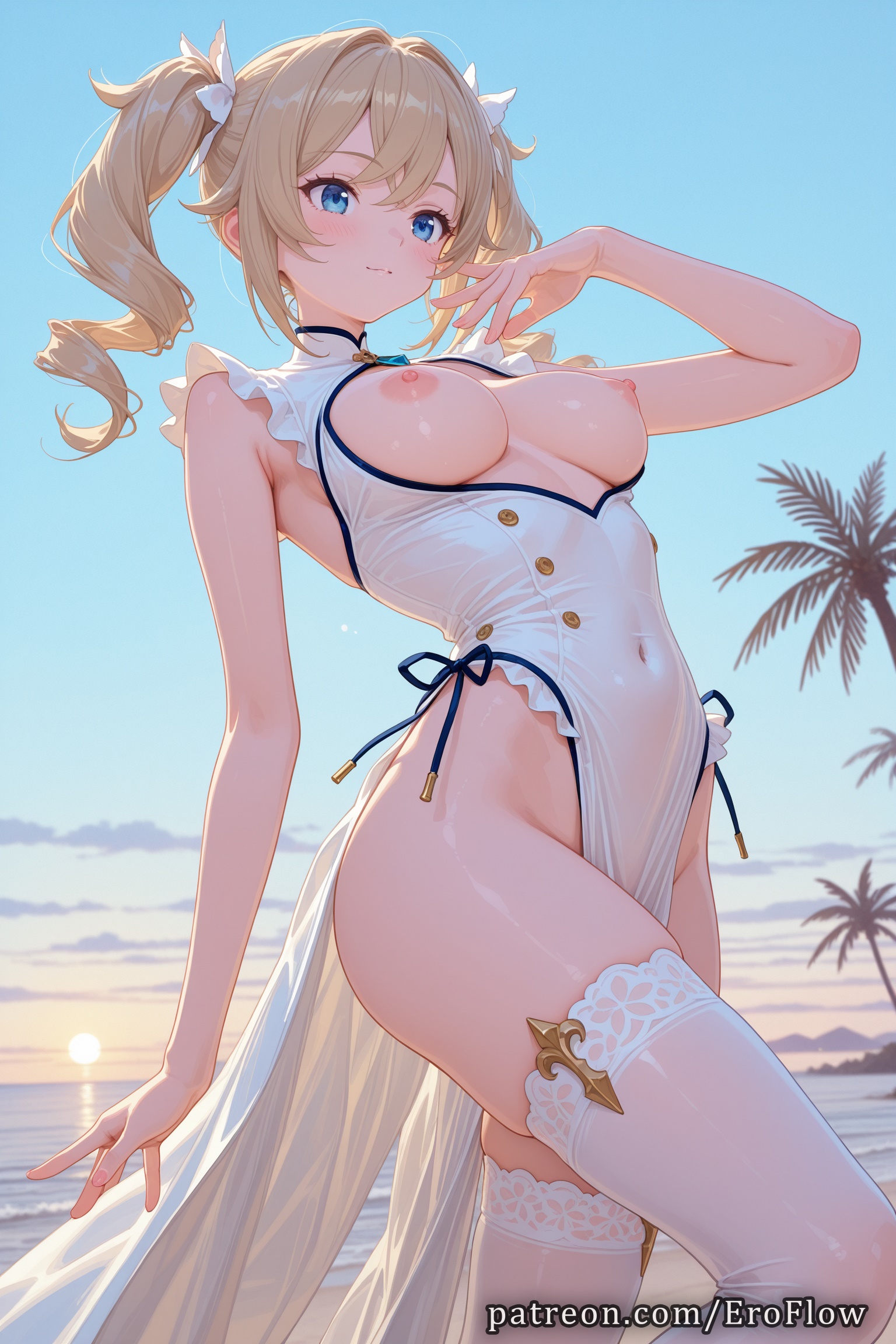 1girls, 2025, ai generated, bangs, barbara (genshin impact), bare arms, bare shoulders, beach, blonde hair, blue eyes, blush, breastless clothes, breasts, breasts out, china dress, chinese clothes, closed mouth, clothing cutout, dress, drill hair, eroflow, female, genshin impact, hi res, highres, hoyoverse, long hair, looking at viewer, medium breasts, mihoyo, mihoyo technology (shanghai) co. ltd., nipples, no panties, ocean, outdoors, palm tree, patreon, pelvic curtain, see-through, sky, sleeveless, sleeveless dress, solo, sun, swimsuit, thighhighs, thighs, twin drills, twintails, voluptuous, voluptuous female, white dress, white thighhighs