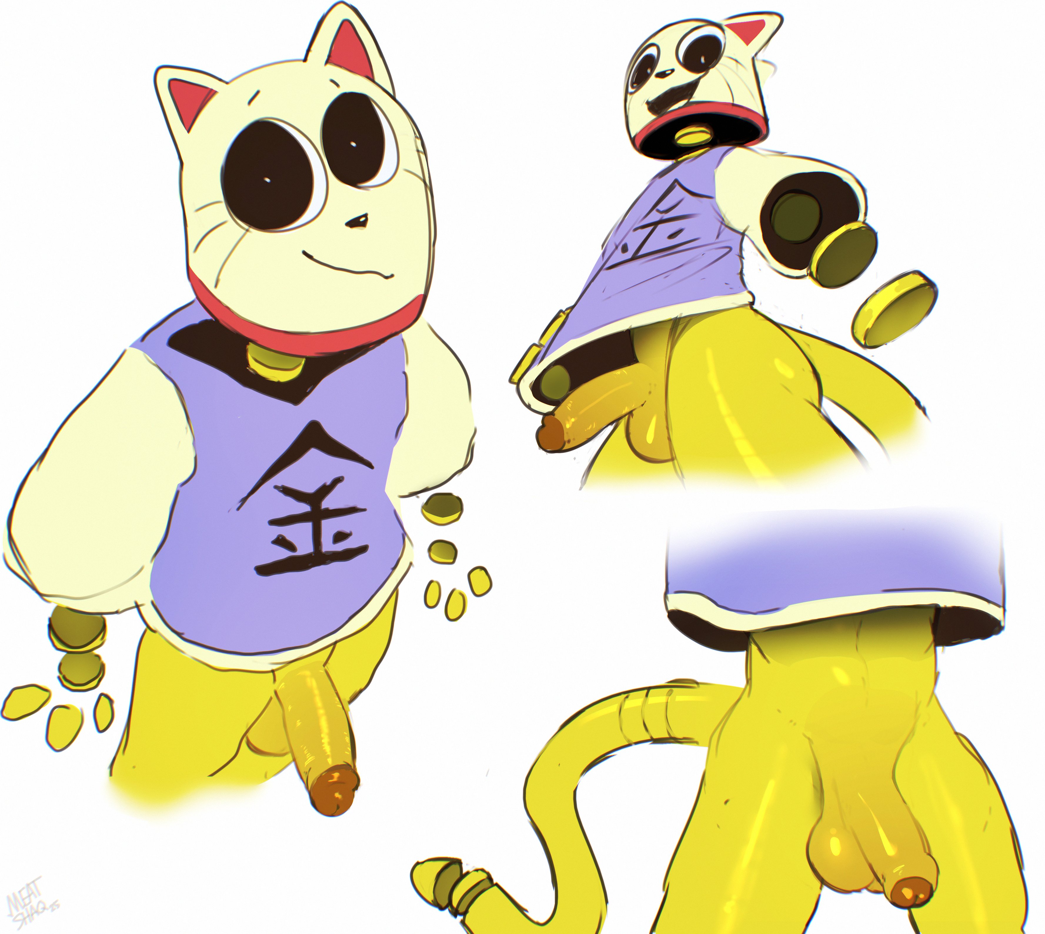 1boy, 2025, absurd res, anthro, anthro only, artist name, artist signature, ass, balls, bottomless, boy, cat tail, dream bbq, ena (series), feline, floating hands, floating head, genitals, gold (metal), kane (dream bbq), kane (ena), male, male only, meatshaq, penis, penis focus, shirt, tagme, tail, testicles, topwear, white background, yellow body