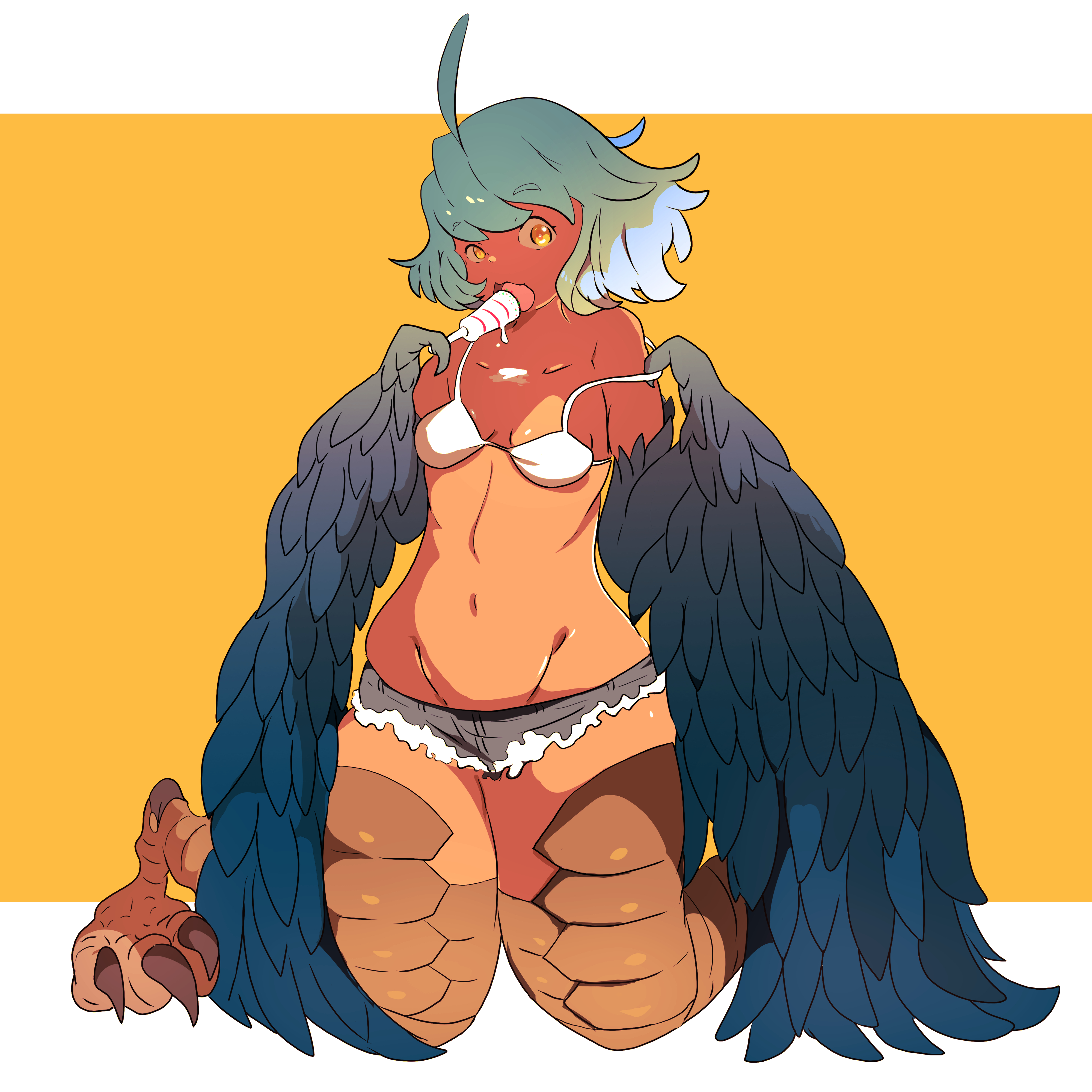 artist request, bird feet, bird legs, blue feathers, blue hair, booty shorts, bra, feathered wings, female, harpy, harpy girl, harpy humanoid, monster musume no iru nichijou, papi (monster musume), tagme, talons, winged arms