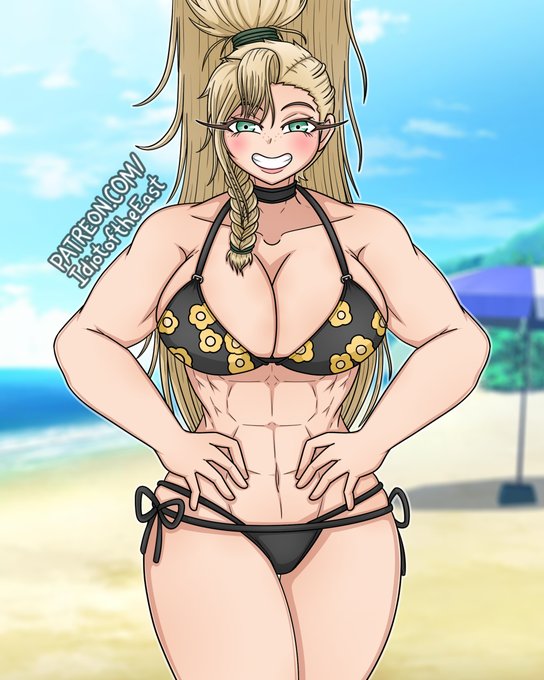 1girls, abs, beach, big breasts, bikini, blonde female, blonde hair, breasts, cleavage, cosplay, female, female focus, female only, gemma (monster hunter wilds), green eyes, hair bang, hair braid, hand on hip, hourglass figure, huge breasts, idiotoftheeast, kitagawa marin (cosplay), large breasts, long hair, looking at viewer, monster hunter, monster hunter wilds, muscular, muscular female, ponytail, smile, sono bisque doll wa koi wo suru, water, wide hips
