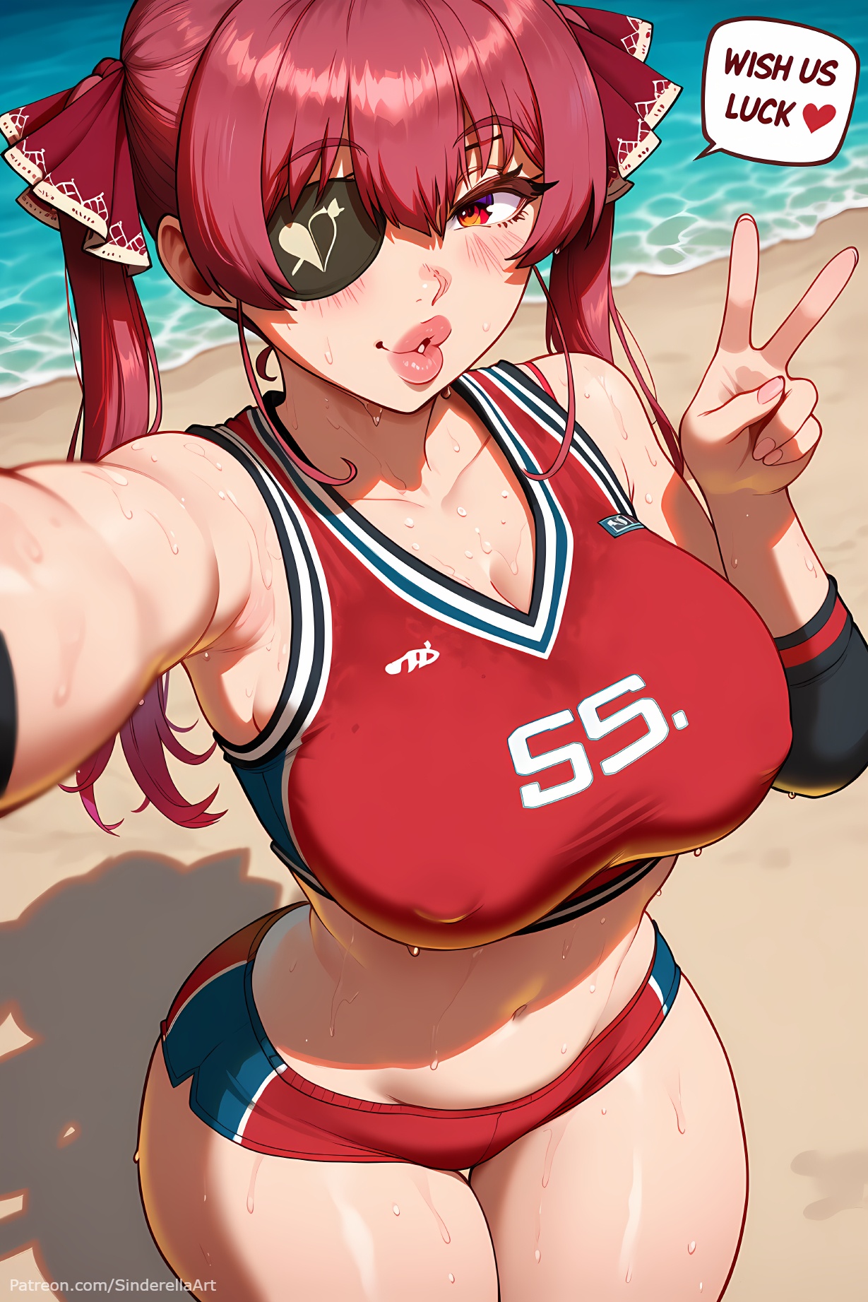 ai generated, bangs, beach, blurry, blush, breasts, busty, caption, cleavage, comic, comic page, commission, covered nipples, dialogue, english text, eyepatch, female, fit, hair ribbon, heart, hololive, hololive fantasy, hololive japan, houshou marine, indie virtual youtuber, large breasts, long hair, looking at viewer, navel, ocean, outstretched arm, patreon, patreon url, patreon username, reaching out, red eyes, red hair, ribbon, self shot, sinderellaart, solo, sweat, text, text bubble, thick, thick legs, toned female, tongue, tongue out, twintails, v, virtual youtuber, volleyball uniform, volleyballthick thighs, voluptuous, vtuber, youtube, youtuber