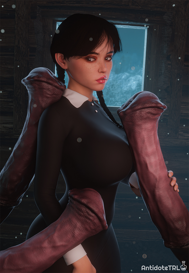 3d, 3d (artwork), absurdly large cock, antidotetrl, big breasts, breasts, clothed, clothed female, female, horse penis, horsecock, huge breasts, huge cock, long penis, male, multiple penises, penis, self upload, the addams family, wednesday (netflix), wednesday addams, young female, zoophilia