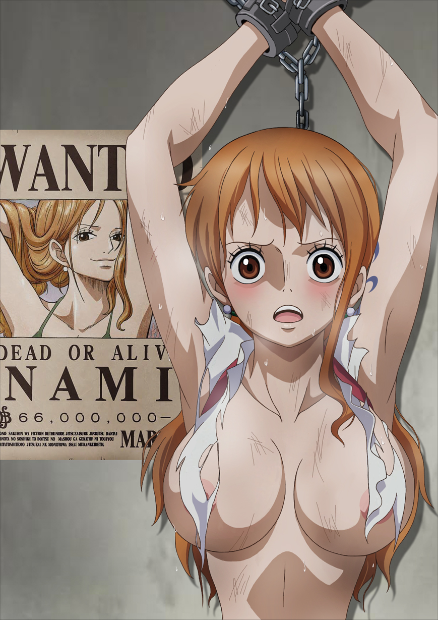 2d 2d_(artwork) arms_up blush bondage bound captured captured_heroine chains earrings female female_focus female_only fully_nude helpless helpless_female helpless_girl in_chains indoors large_breasts light-skinned_female light_skin looking_at_viewer nami_(one_piece) one_piece orange_hair restrained ripped_clothing solo solo_female solo_focus wanted_poster